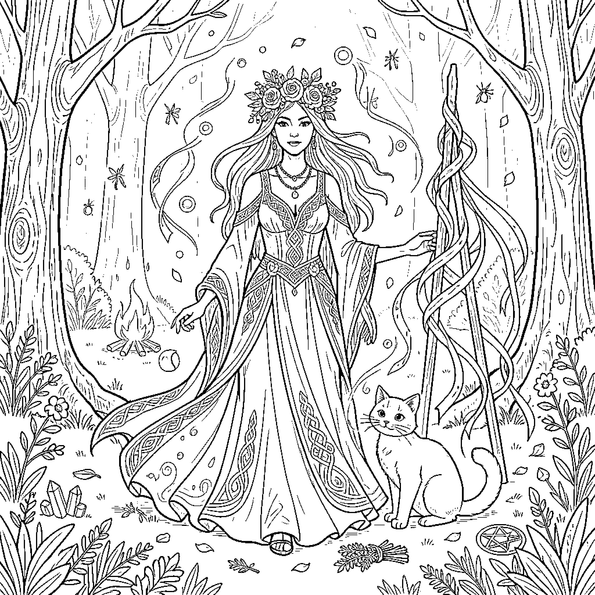 Goddess of the Enchanted Forest Coloring Page (free black-and-white line drawing printable PDF for all, from beginners to advanced learners, including children, teens, adults, and seniors)