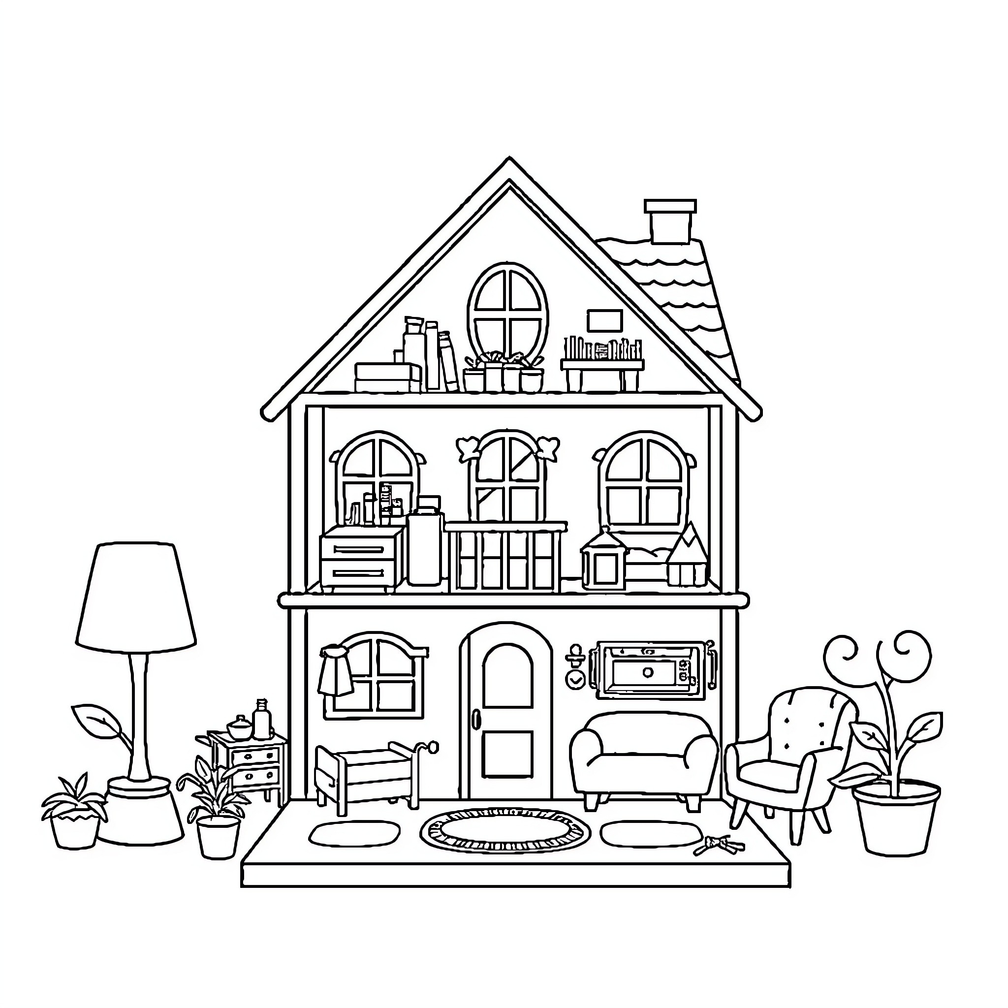 Gabby's cozy dollhouse with furnishings Coloring Page (free black-and-white line drawing printable PDF for all, from beginners to advanced learners, including children, teens, adults, and seniors)