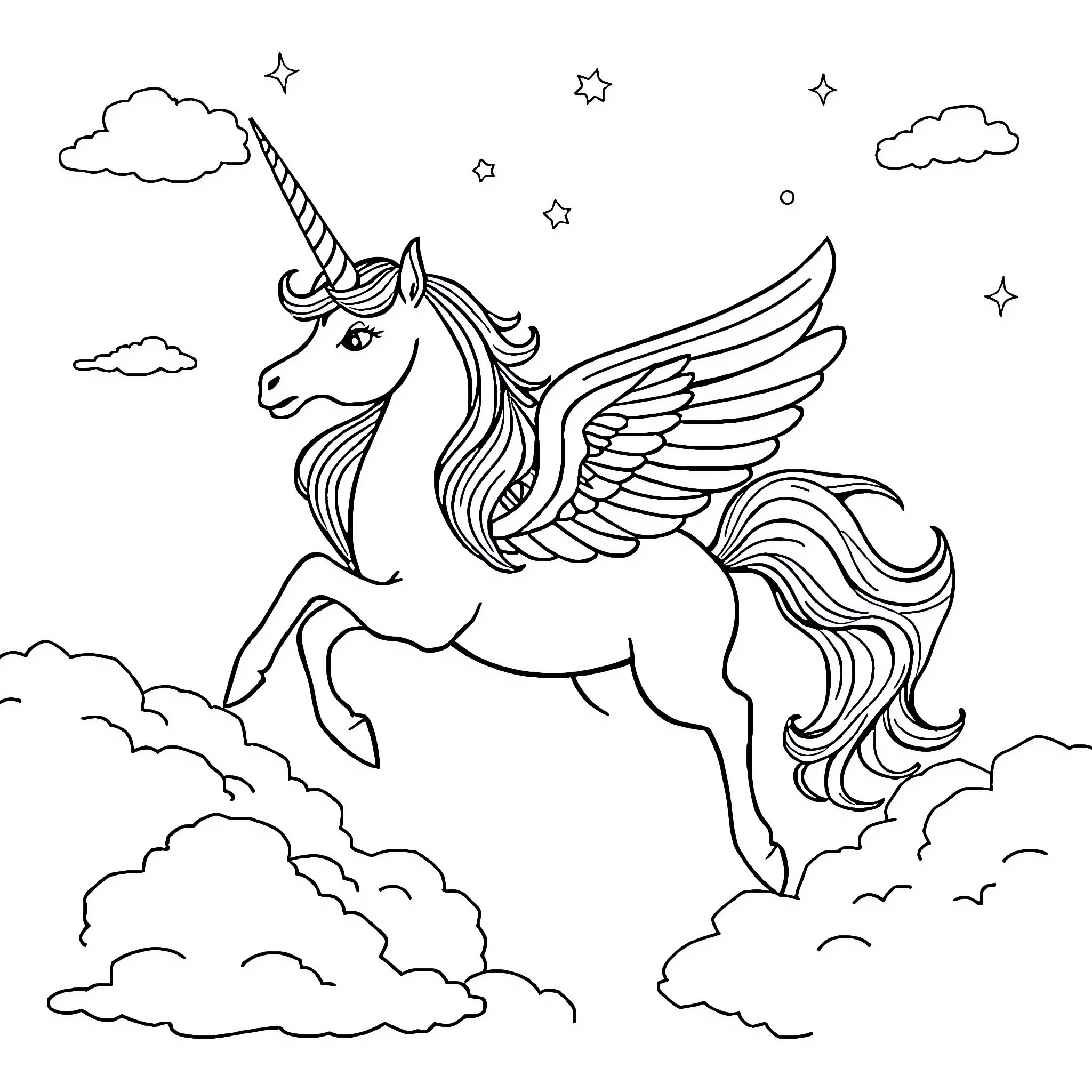 Unicorn flying through the starry night sky Coloring Page (free black-and-white line drawing printable PDF for all, from beginners to advanced learners, including children, teens, adults, and seniors)