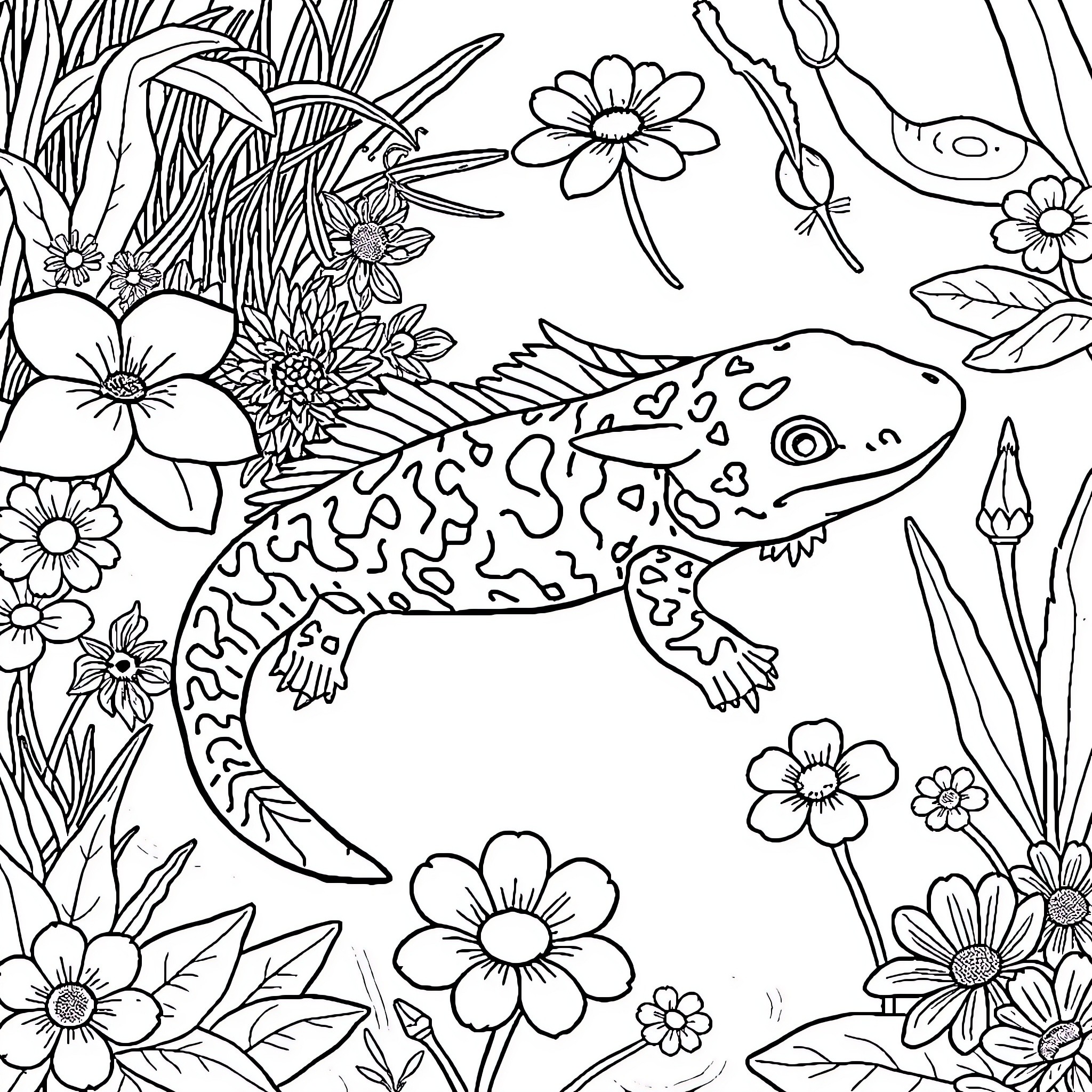 Axolotl surrounded by vibrant flowers Coloring Page (free black-and-white line drawing printable PDF for all, from beginners to advanced learners, including children, teens, adults, and seniors)