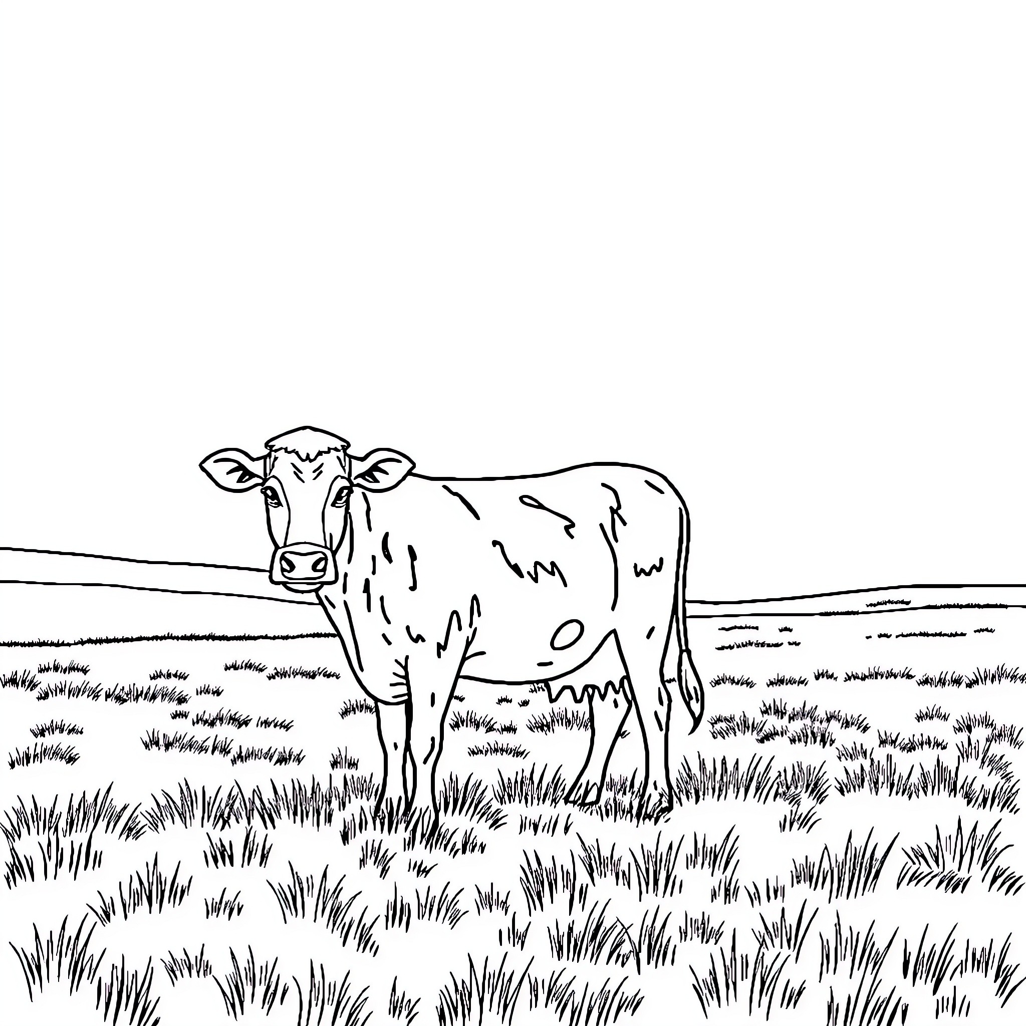 Cow grazing peacefully in a grassy field Coloring Page (free black-and-white line drawing printable PDF for all, from beginners to advanced learners, including children, teens, adults, and seniors)