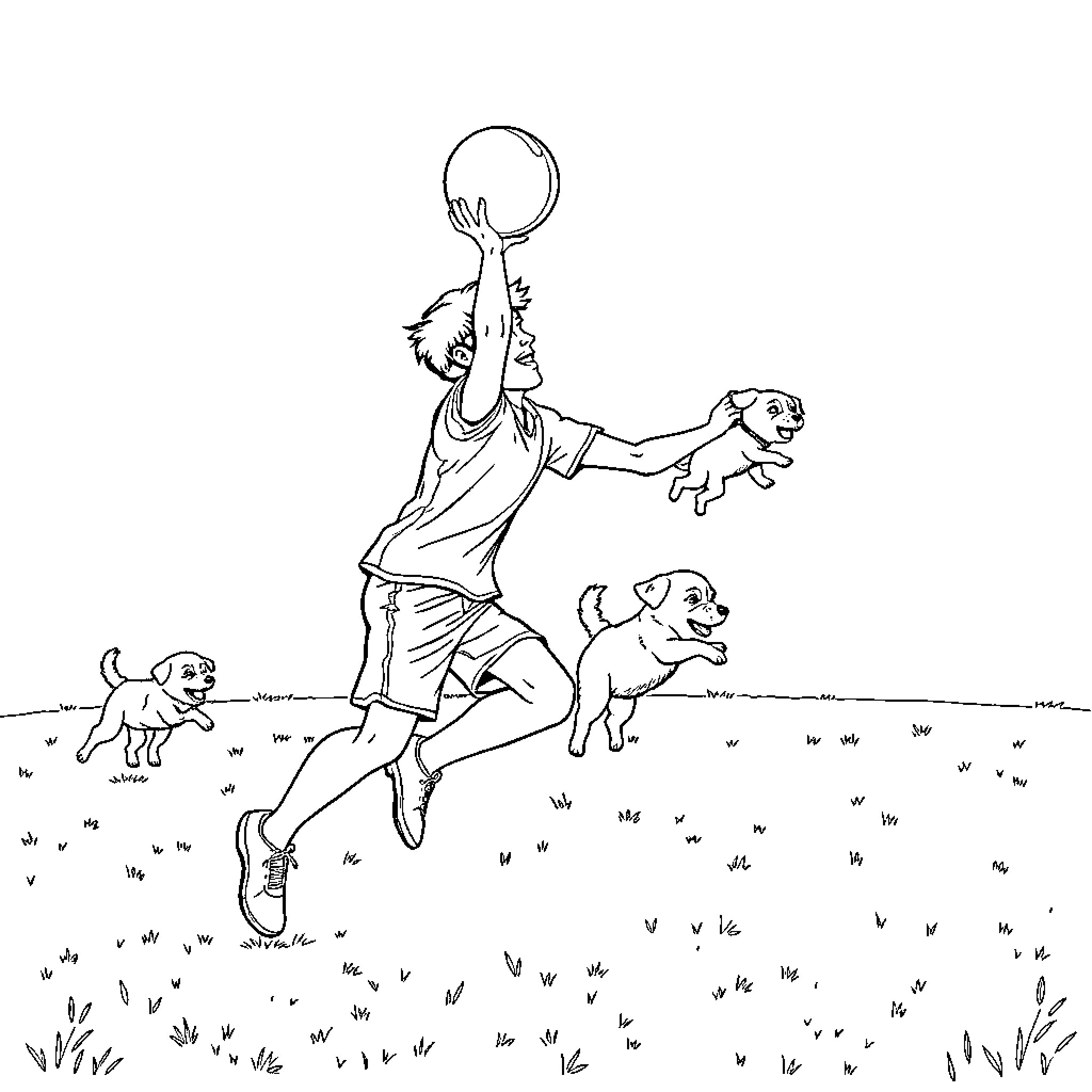 Footballer enjoying playtime with excited puppies Coloring Page (free black-and-white line drawing printable PDF for all, from beginners to advanced learners, including children, teens, adults, and seniors)