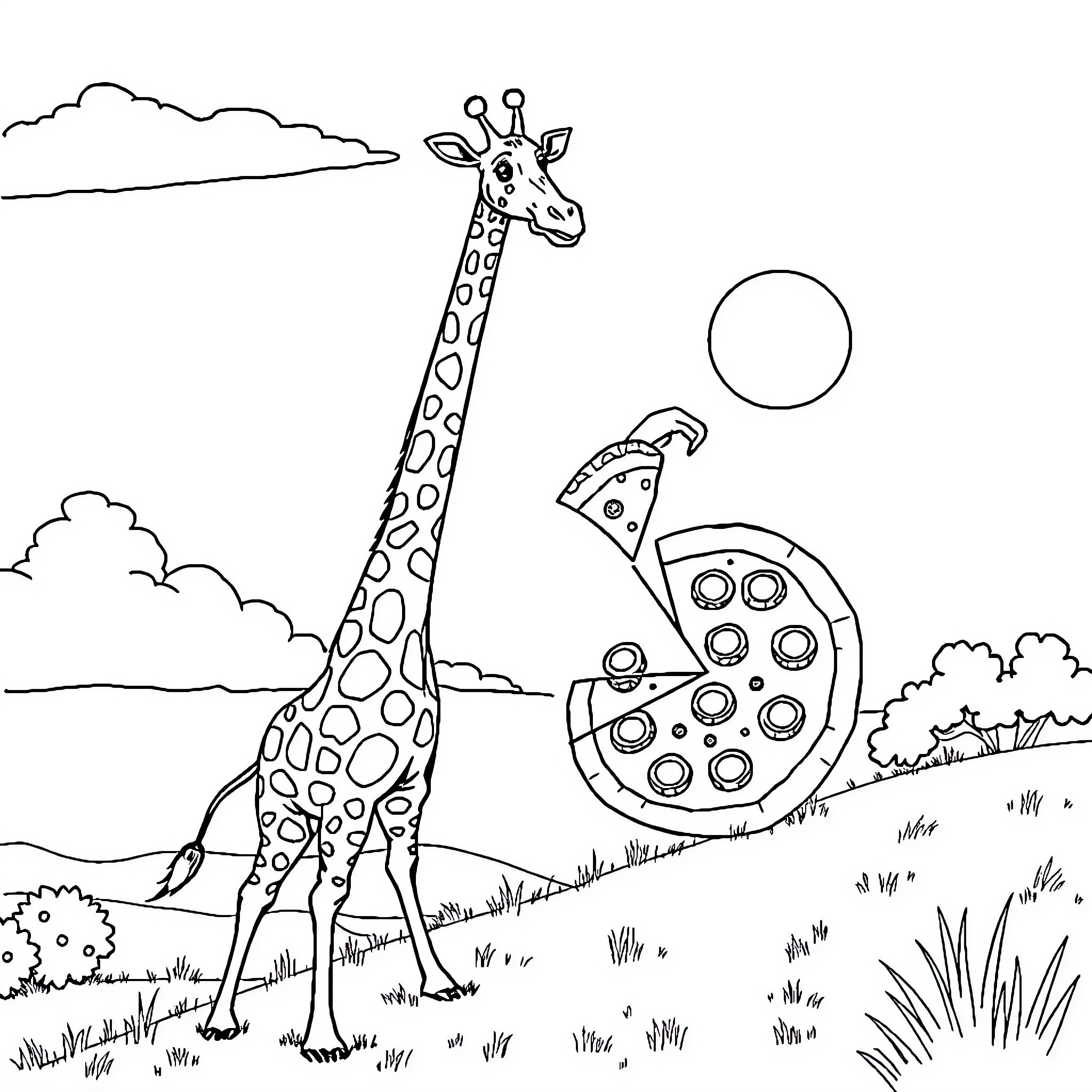 Giraffe playing with toy spaceship in the meadow Coloring Page (free black-and-white line drawing printable PDF for all, from beginners to advanced learners, including children, teens, adults, and seniors)