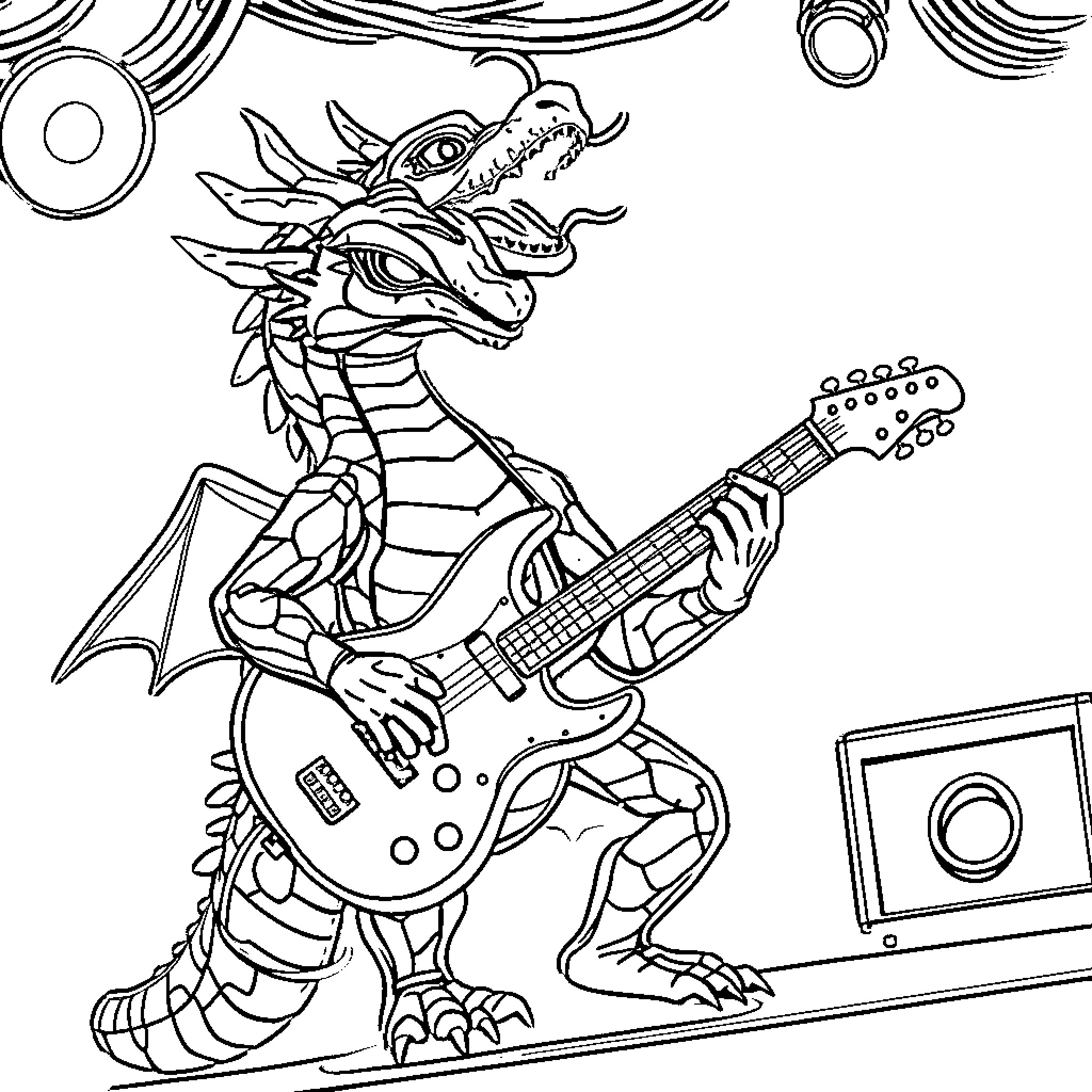 Dragon playing electric guitar on stage Coloring Page (free black-and-white line drawing printable PDF for all, from beginners to advanced learners, including children, teens, adults, and seniors)