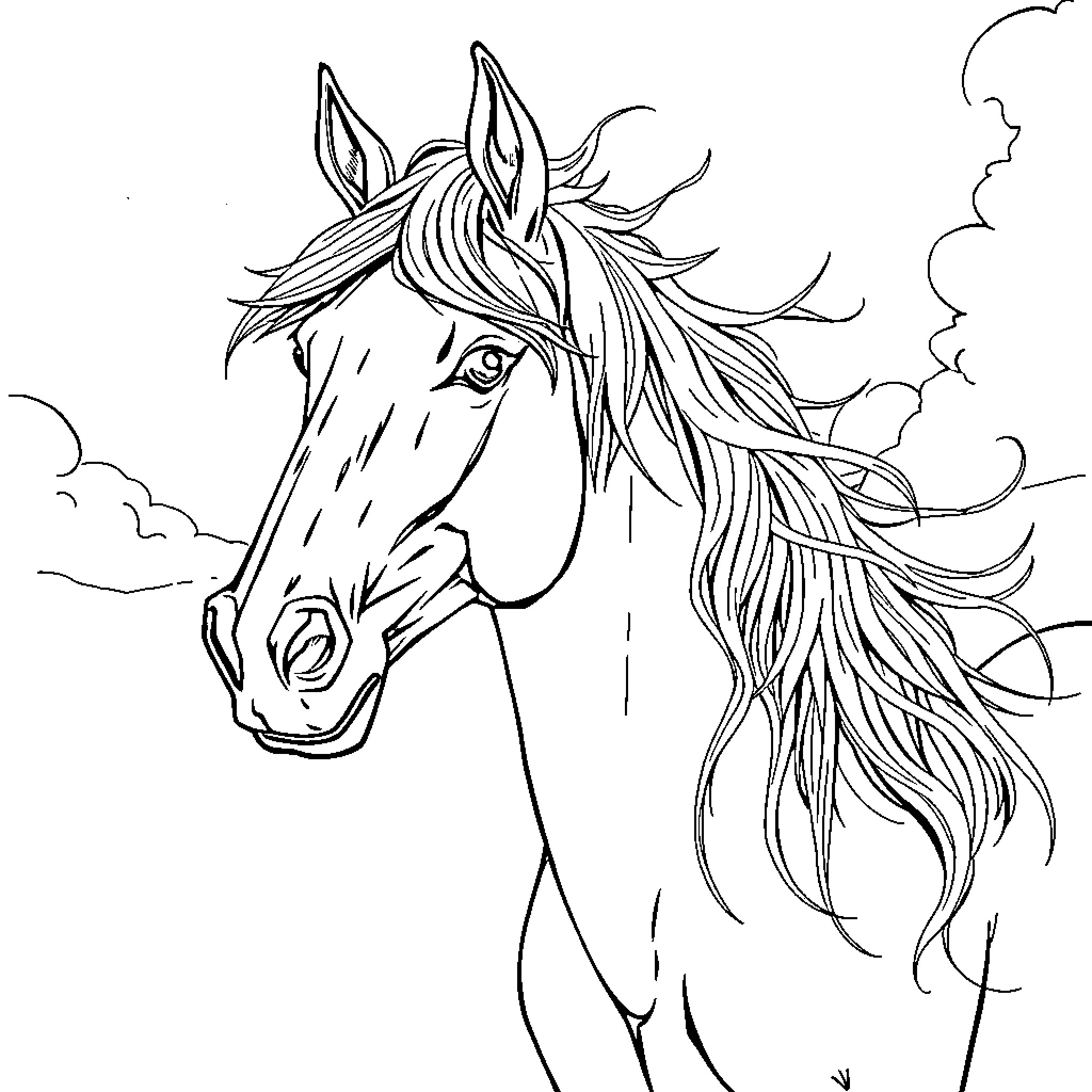 Horse with flowing mane in the wind Coloring Page (free black-and-white line drawing printable PDF for all, from beginners to advanced learners, including children, teens, adults, and seniors)