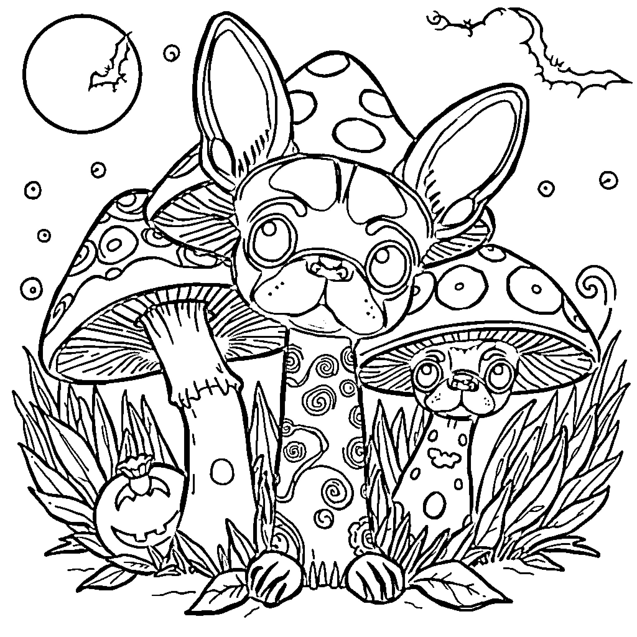 Frenchie exploring the whimsical mushroom forest Coloring Page (free black-and-white line drawing printable PDF for all, from beginners to advanced learners, including children, teens, adults, and seniors)