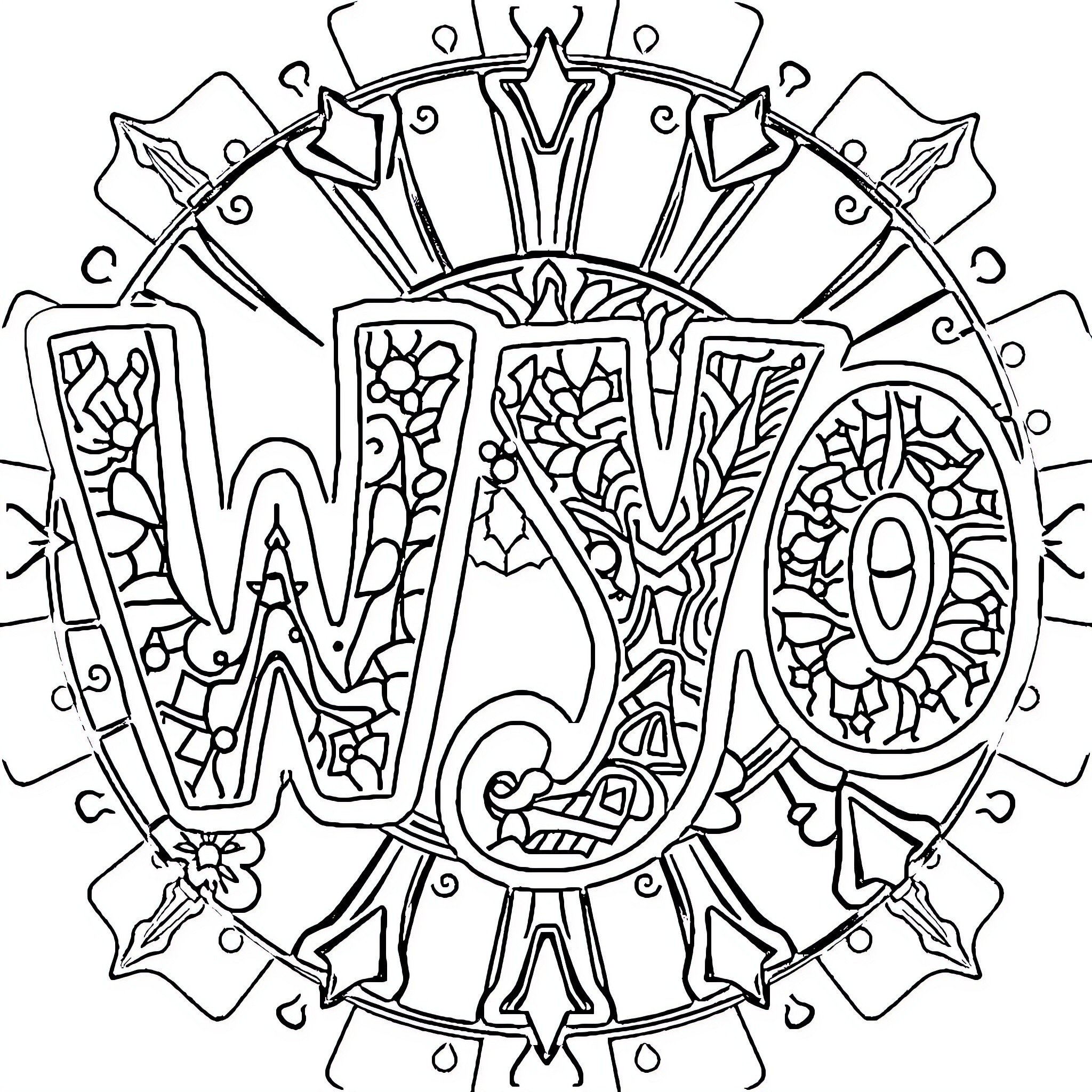 Art of an Intricate Monogram Design Coloring Page (free black-and-white line drawing printable PDF for all, from beginners to advanced learners, including children, teens, adults, and seniors)