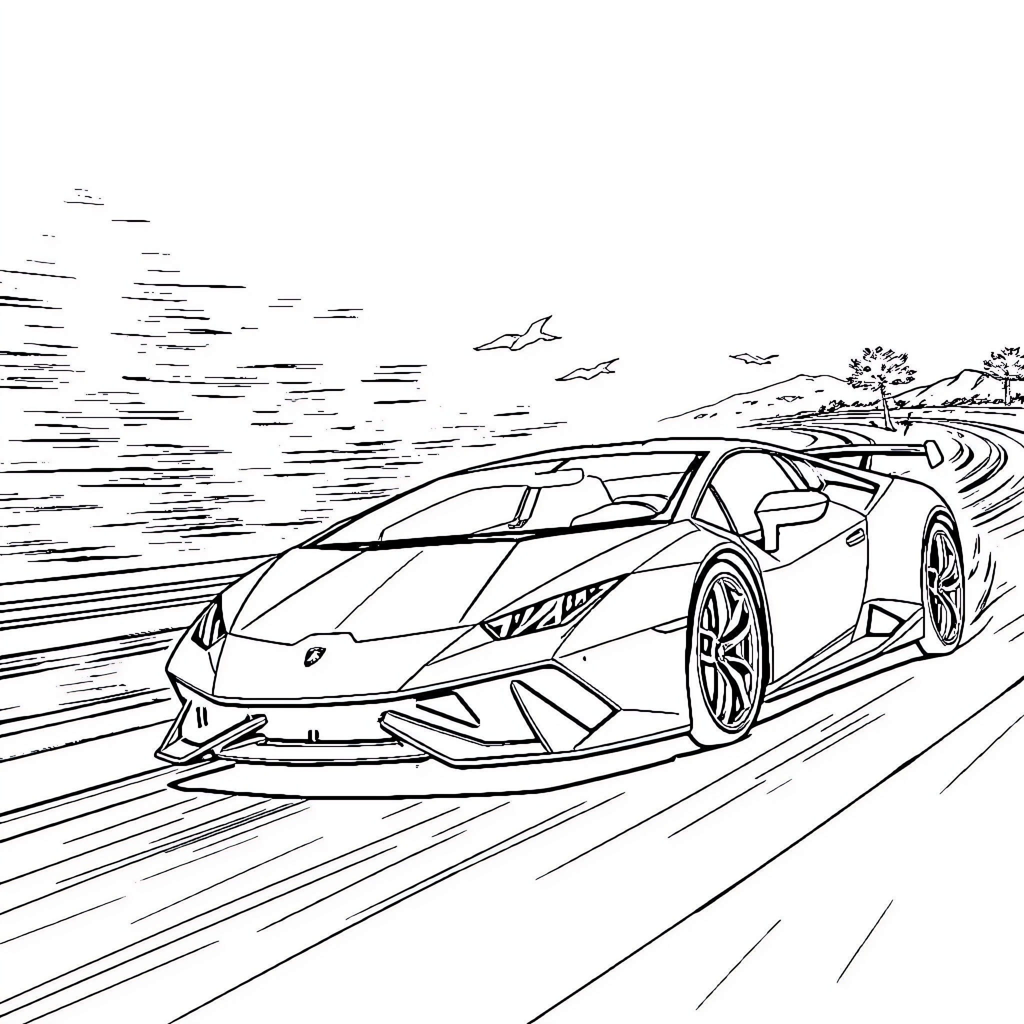 Lamborghini racing through the countryside landscape Coloring Page (free black-and-white line drawing printable PDF for all, from beginners to advanced learners, including children, teens, adults, and seniors)