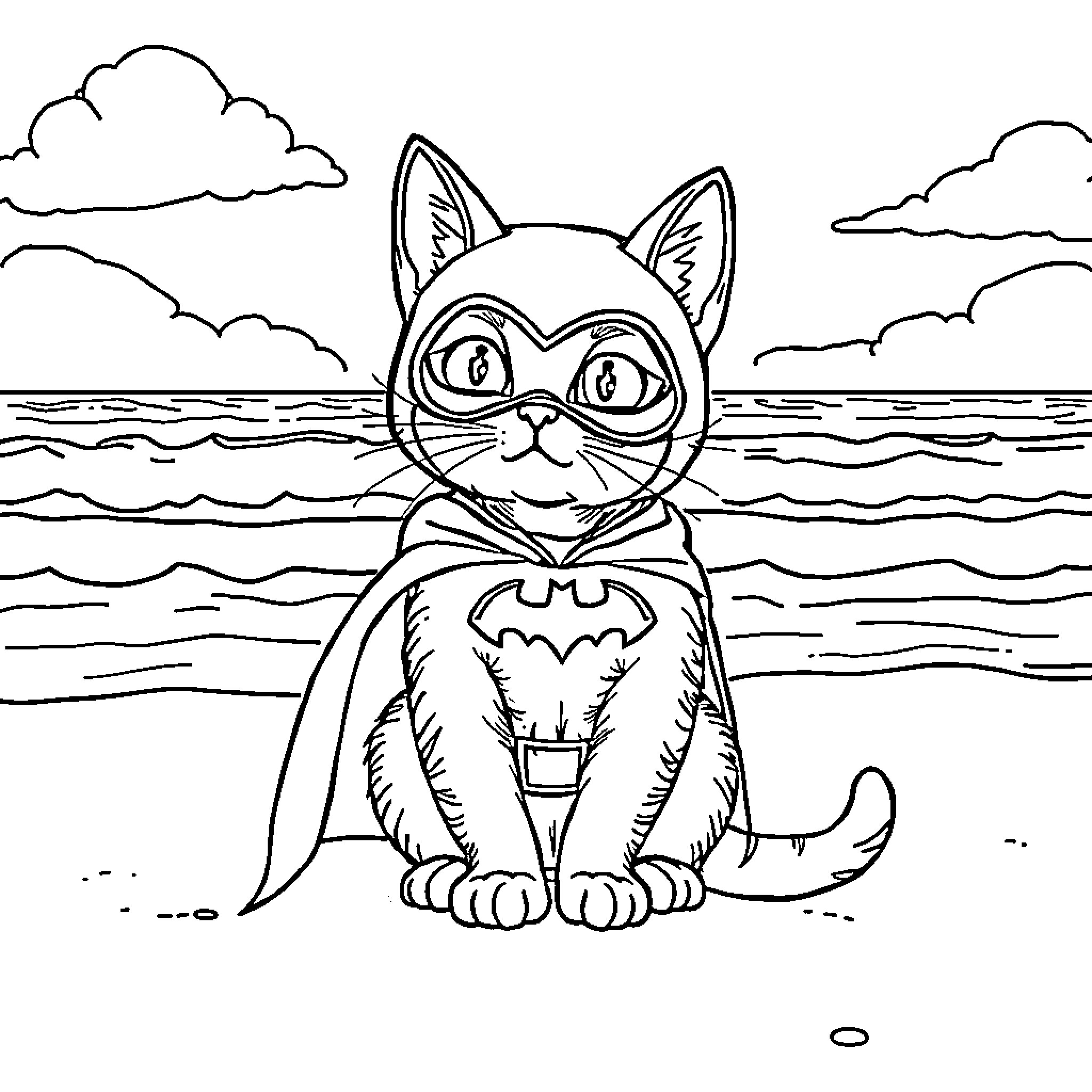 Cat in superhero costume by the sea Coloring Page (free black-and-white line drawing printable PDF for all, from beginners to advanced learners, including children, teens, adults, and seniors)
