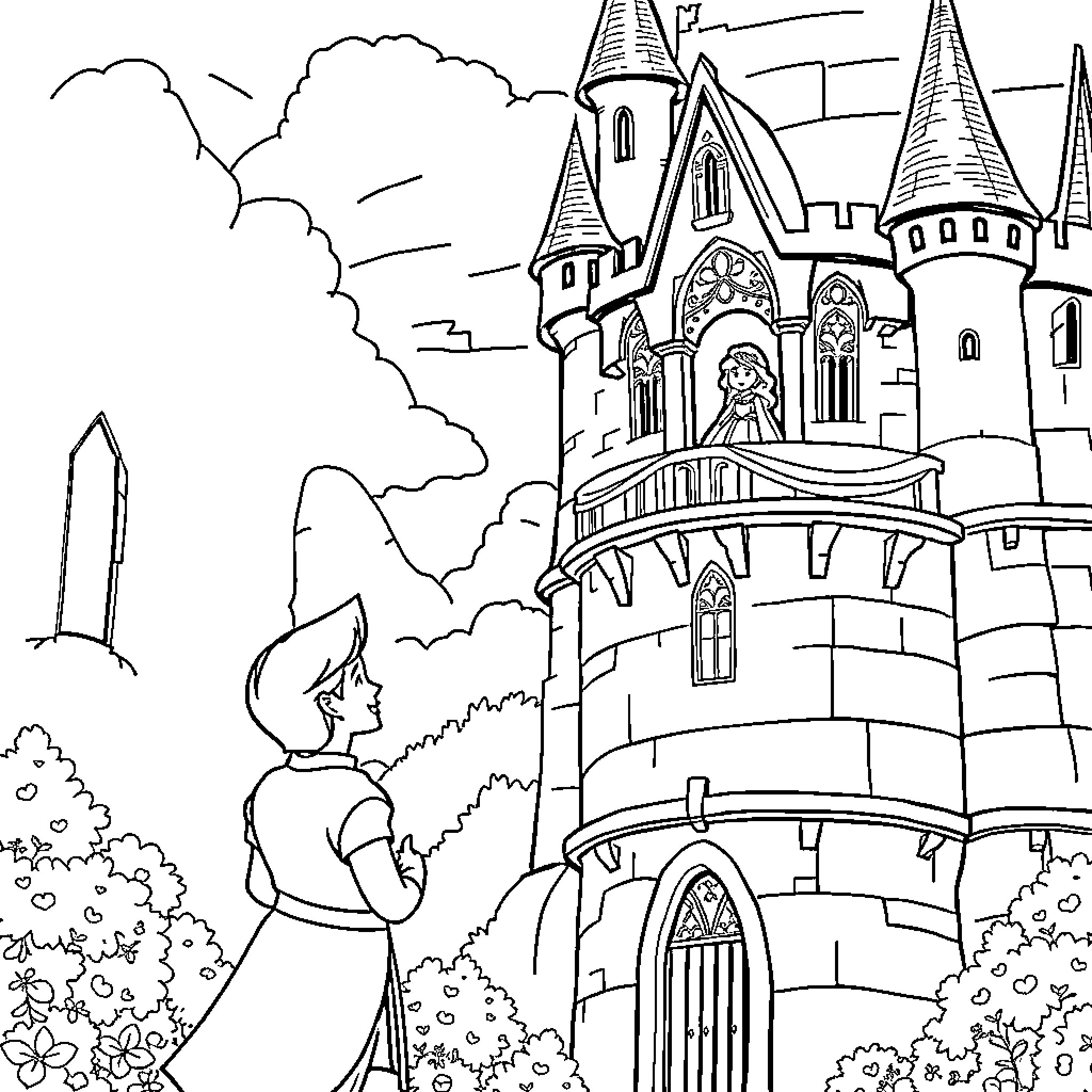 Princess exploring the enchanted castle Coloring Page (free black-and-white line drawing printable PDF for all, from beginners to advanced learners, including children, teens, adults, and seniors)