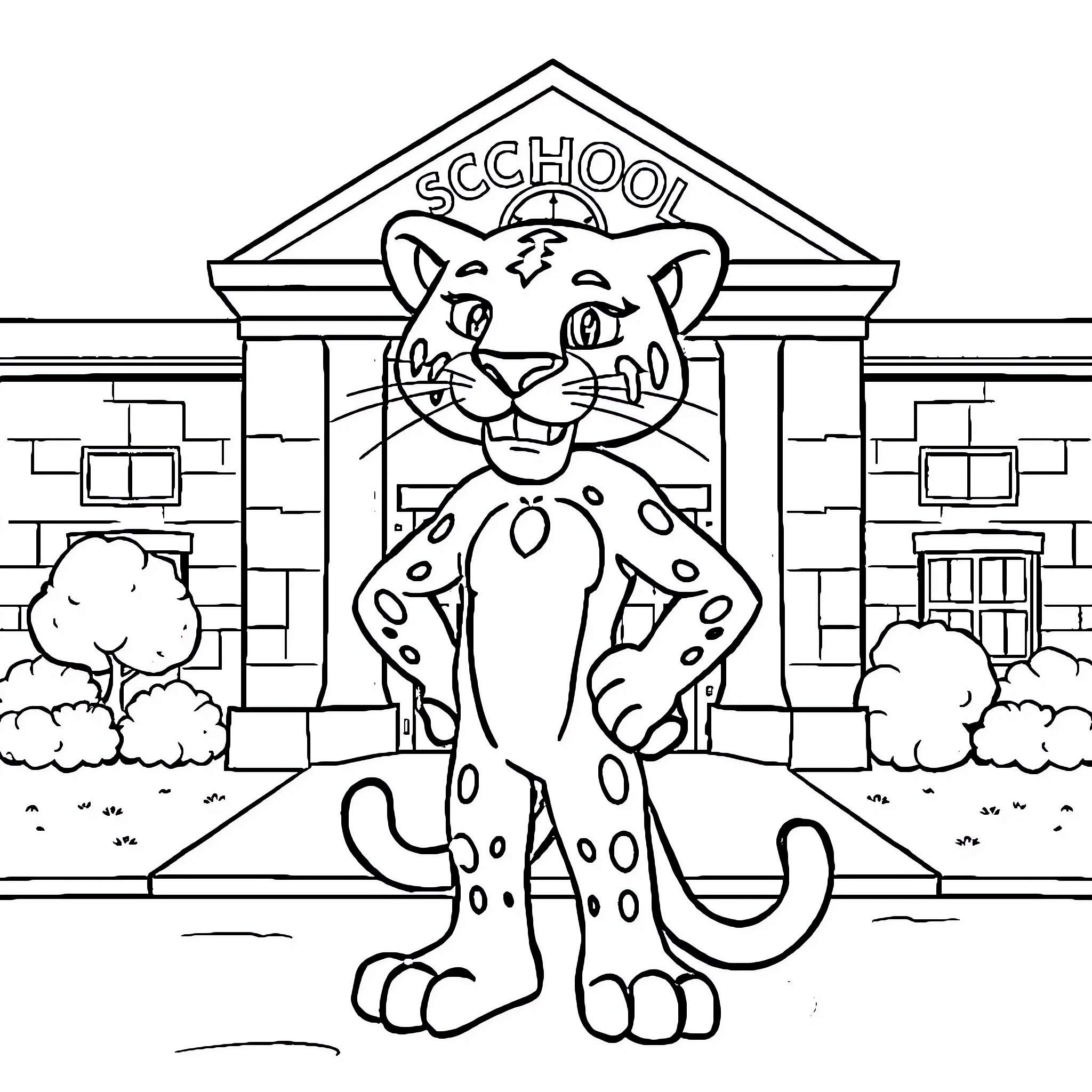 Panther mascot standing proudly outside school Coloring Page (free black-and-white line drawing printable PDF for all, from beginners to advanced learners, including children, teens, adults, and seniors)