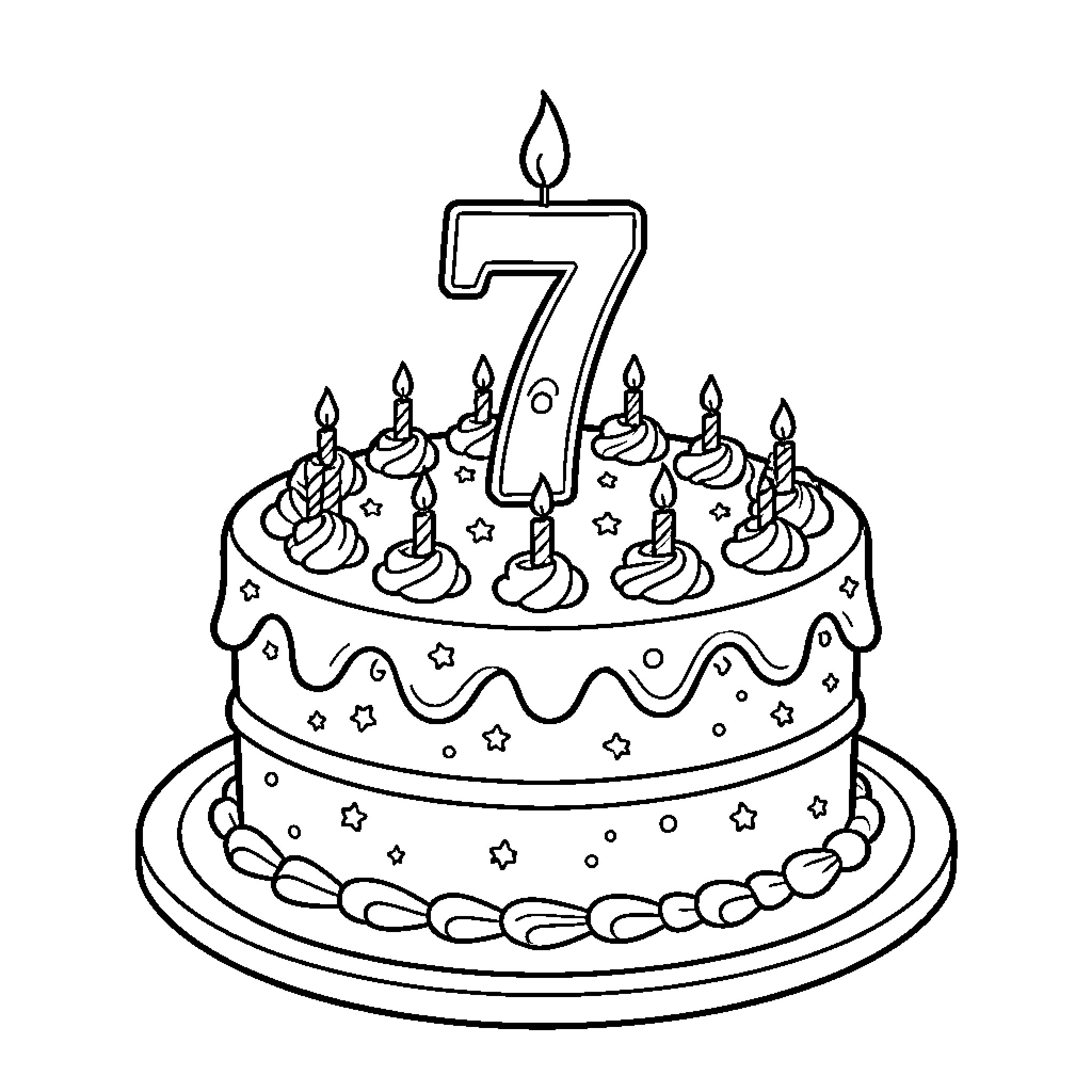 Birthday Cake with Number 7 Candle and Decorations Coloring Page (free black-and-white line drawing printable PDF for all, from beginners to advanced learners, including children, teens, adults, and seniors)