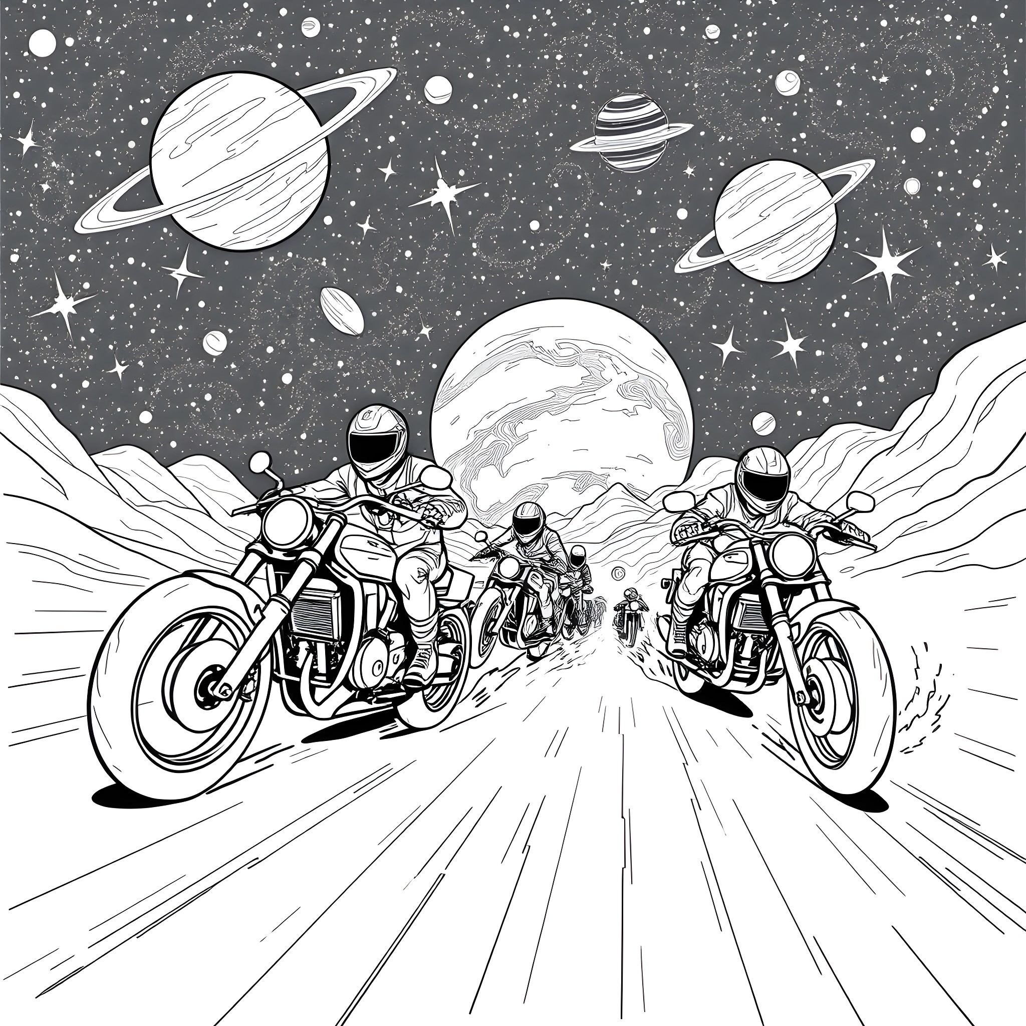 Motorcycle Gang Riding Through Cosmic Landscape Coloring Page (free black-and-white line drawing printable PDF for all, from beginners to advanced learners, including children, teens, adults, and seniors)