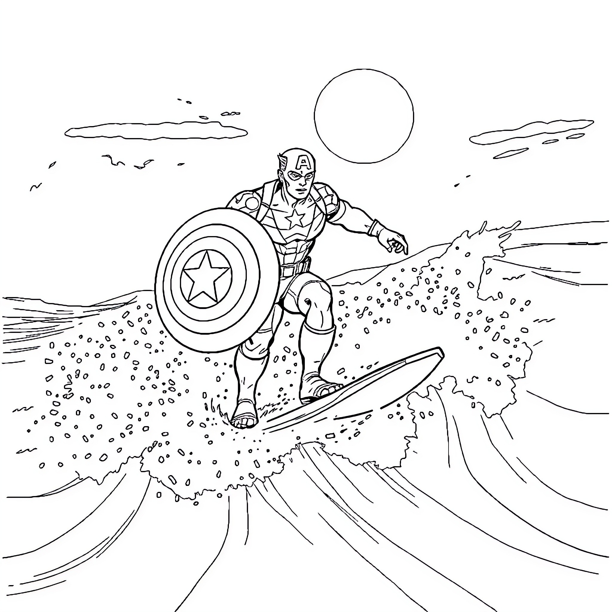 Captain America surfing through the waves Coloring Page (free black-and-white line drawing printable PDF for all, from beginners to advanced learners, including children, teens, adults, and seniors)