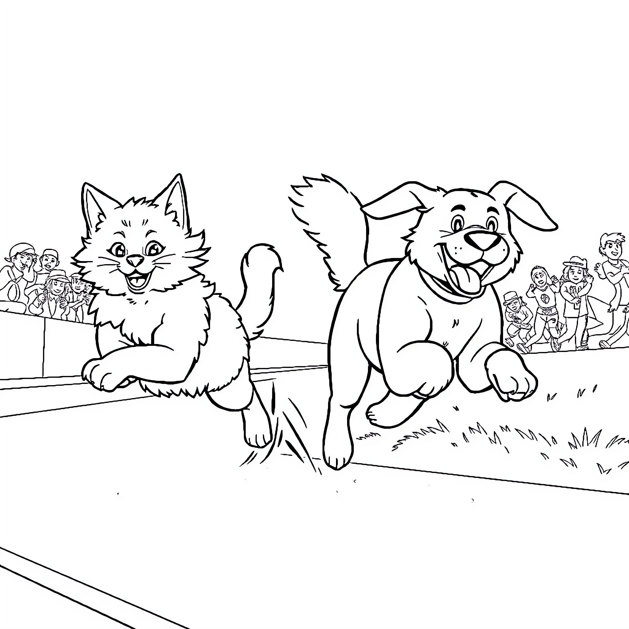 Cats and dogs playing together in the park Coloring Page (free black-and-white line drawing printable PDF for all, from beginners to advanced learners, including children, teens, adults, and seniors)