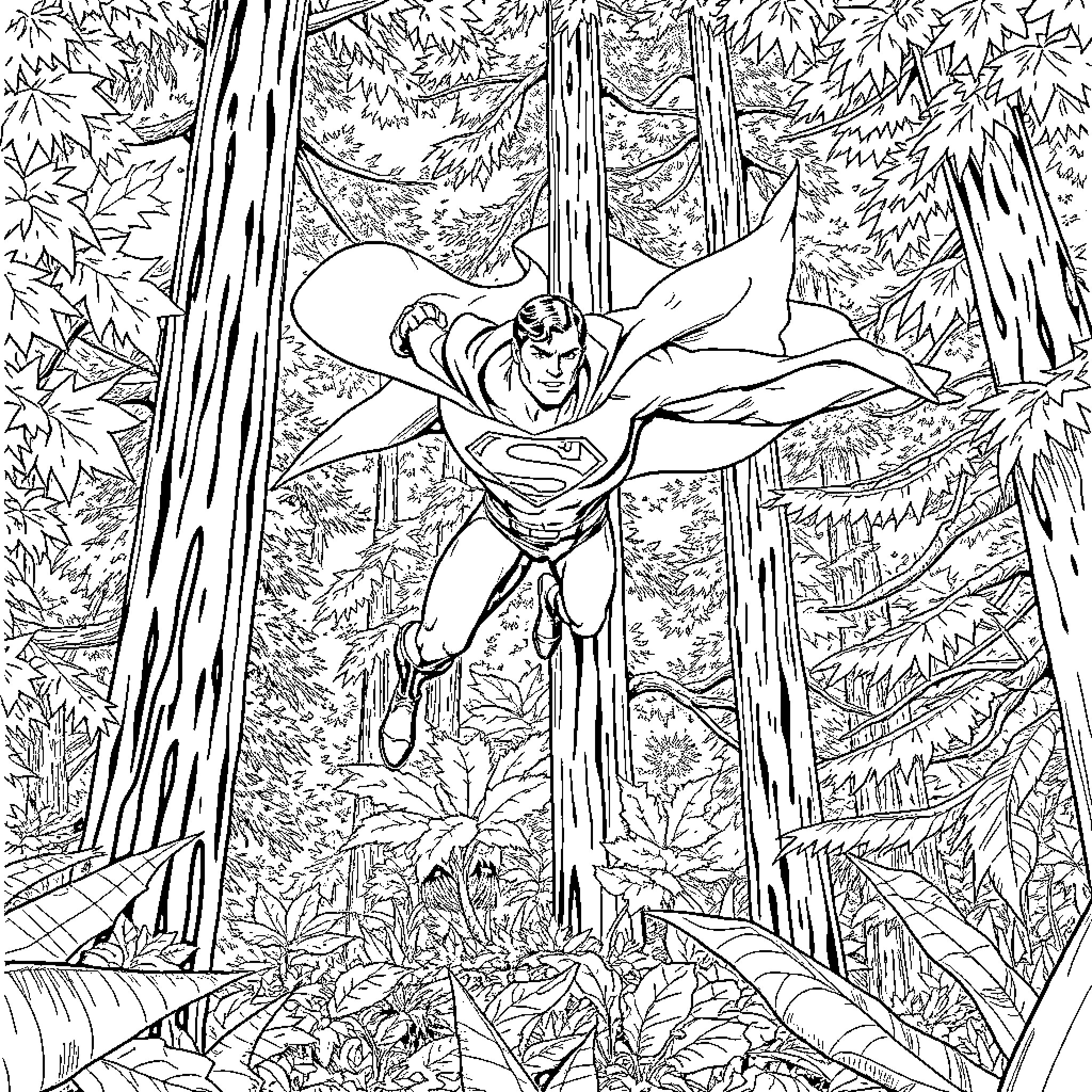 Superman soaring through the forest Coloring Page (free black-and-white line drawing printable PDF for all, from beginners to advanced learners, including children, teens, adults, and seniors)