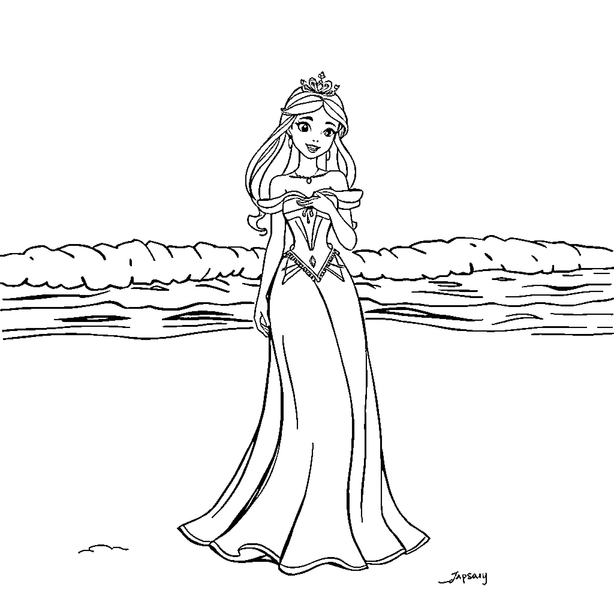 Princess in Elegant Gown Overlooking the Sea Coloring Page (free black-and-white line drawing printable PDF for all, from beginners to advanced learners, including children, teens, adults, and seniors)