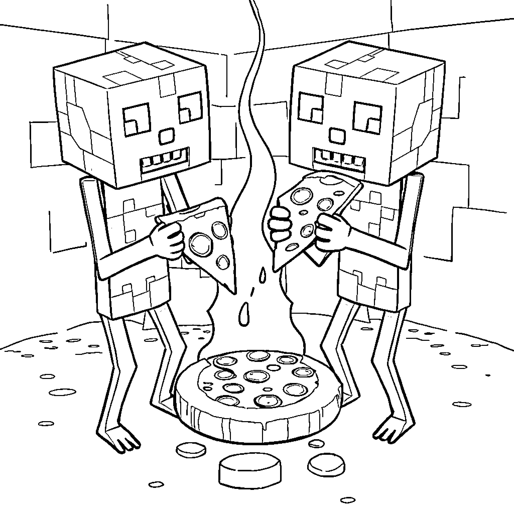 Enderman sharing a pizza in a pixelated landscape Coloring Page (free black-and-white line drawing printable PDF for all, from beginners to advanced learners, including children, teens, adults, and seniors)