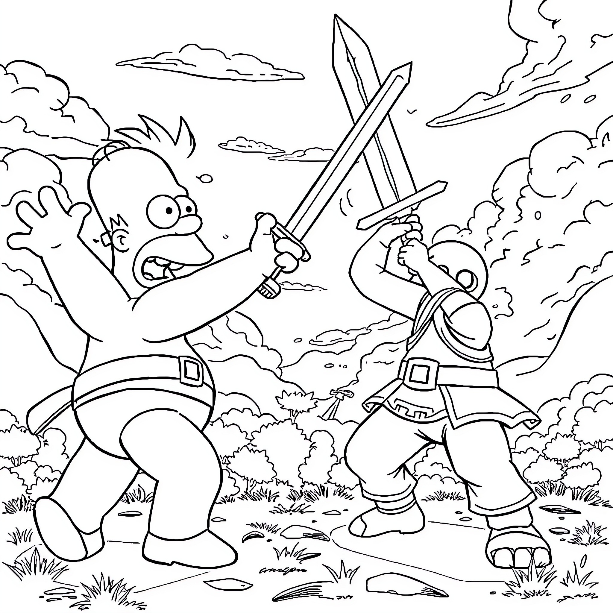 Homer Simpson battling an epic sword fight Coloring Page (free black-and-white line drawing printable PDF for all, from beginners to advanced learners, including children, teens, adults, and seniors)