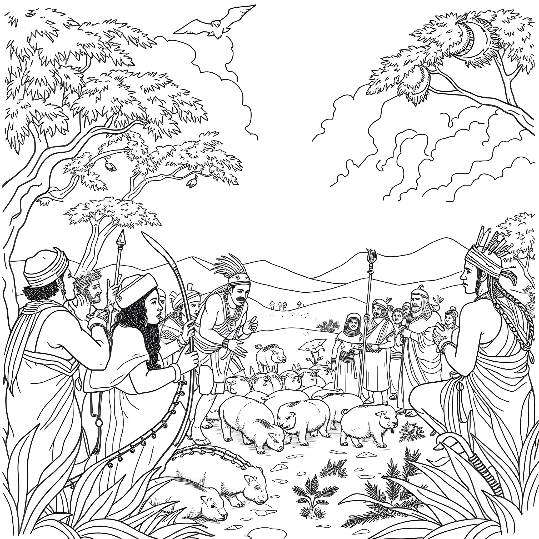 Shaka Zulu leading his people through the wilderness Coloring Page (free black-and-white line drawing printable PDF for all, from beginners to advanced learners, including children, teens, adults, and seniors)