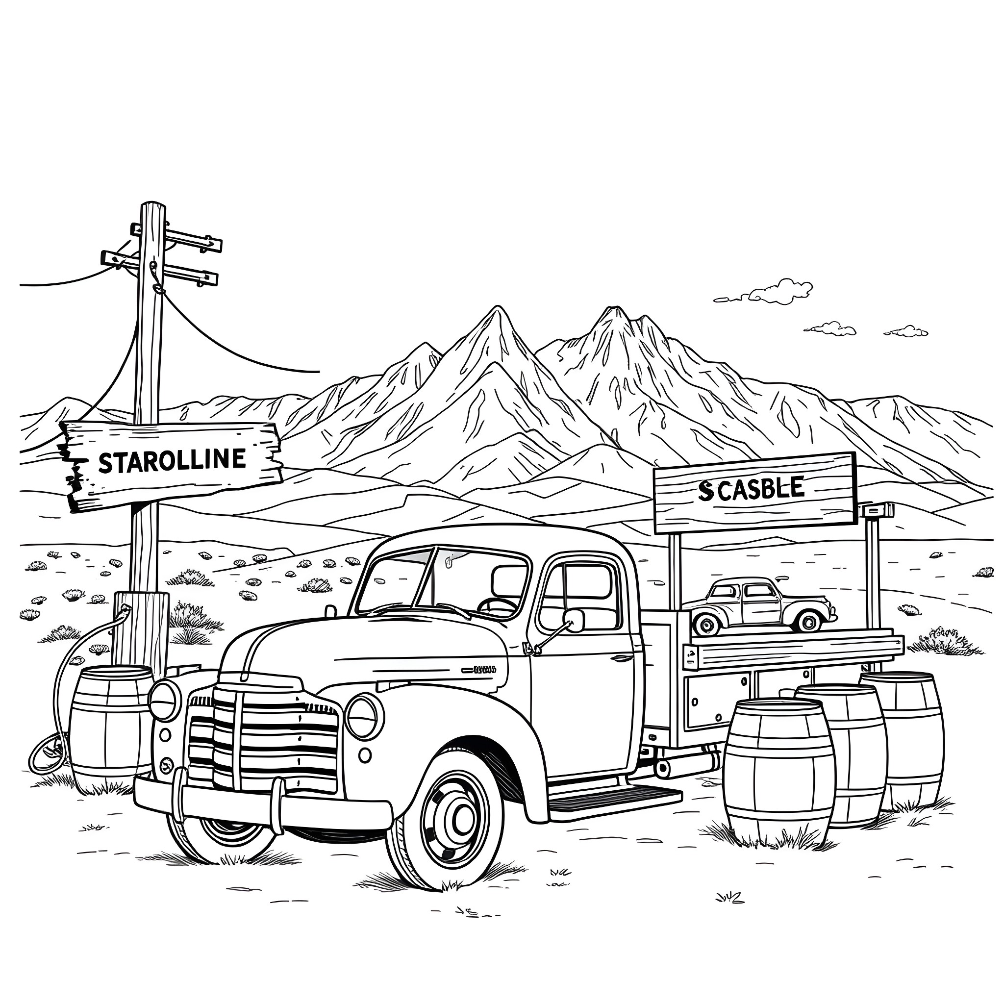 Truck carrying cargo in mountainous landscape Coloring Page (free black-and-white line drawing printable PDF for all, from beginners to advanced learners, including children, teens, adults, and seniors)