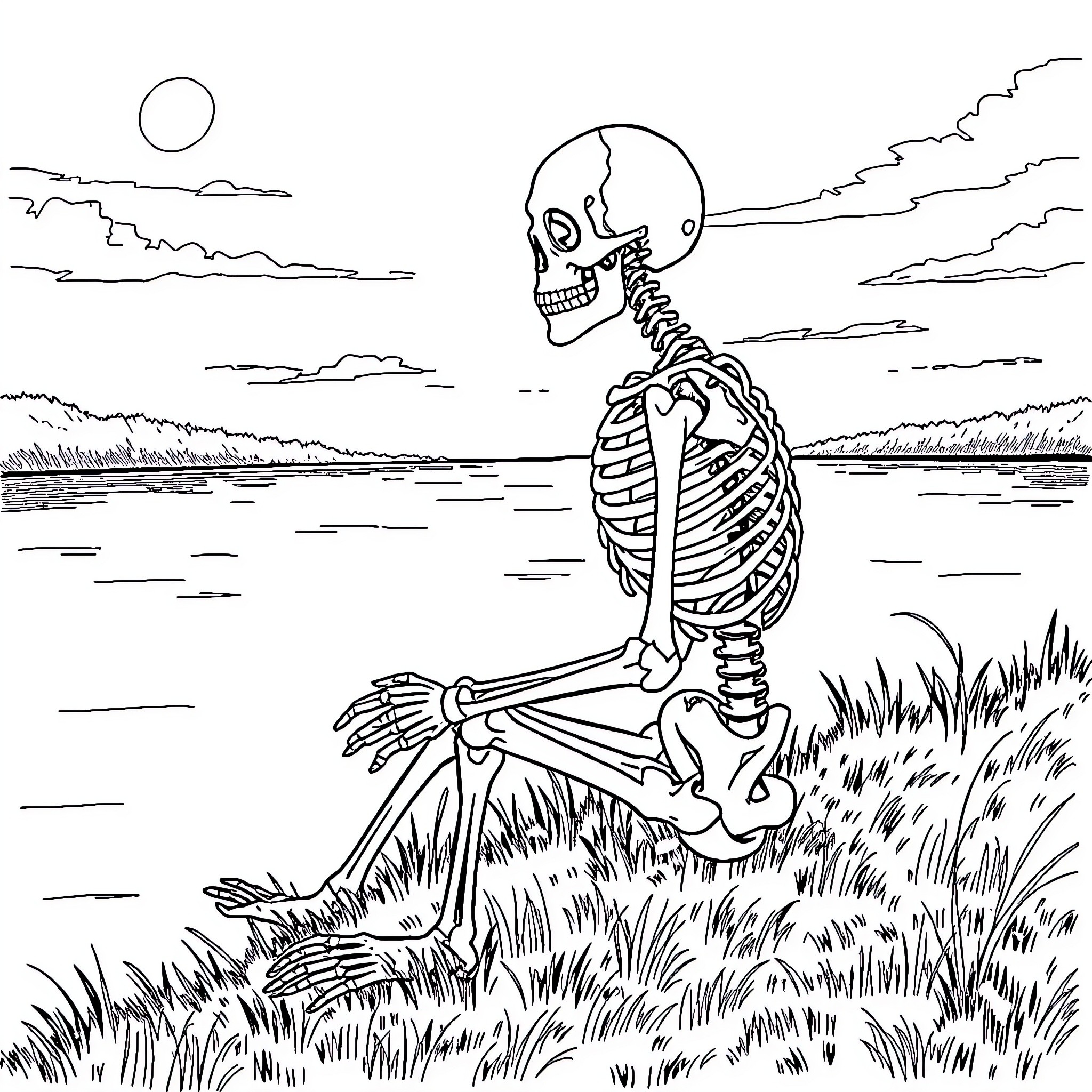 Skeleton Relaxing by the Lake in the Moonlight Coloring Page (free black-and-white line drawing printable PDF for all, from beginners to advanced learners, including children, teens, adults, and seniors)