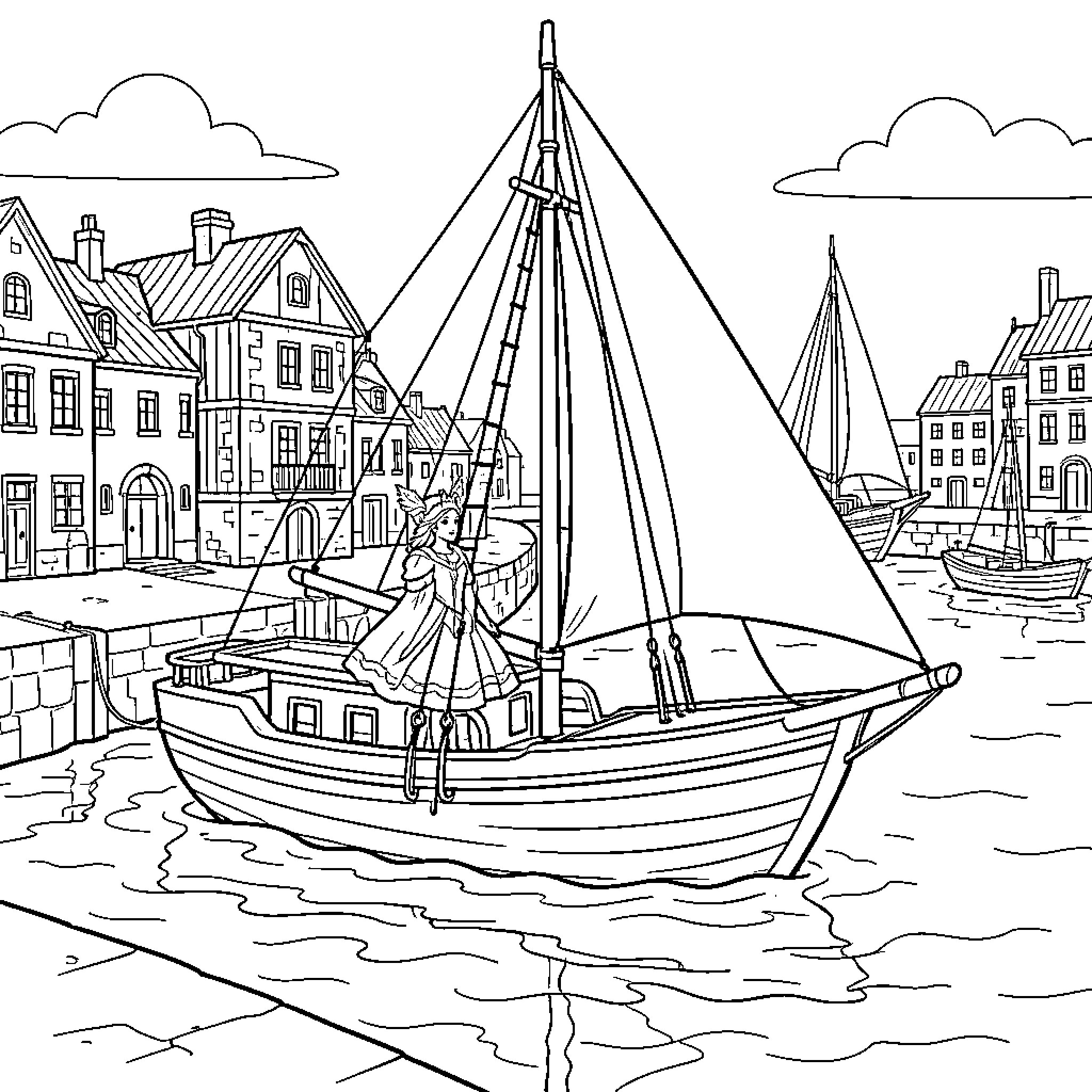 Voilier with a girl standing on the deck Coloring Page (free black-and-white line drawing printable PDF for all, from beginners to advanced learners, including children, teens, adults, and seniors)