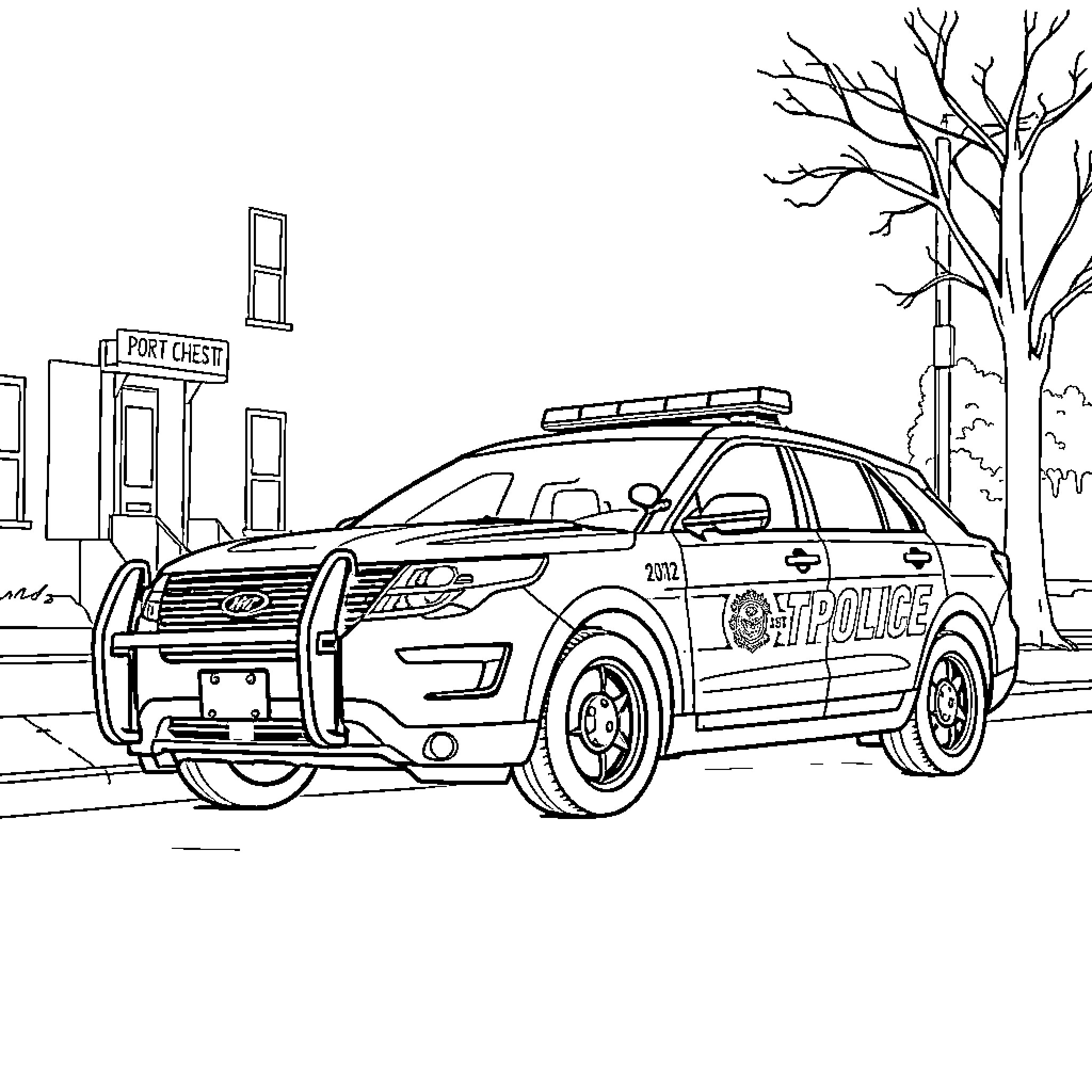 Police Car Parked in Front of Post Office Coloring Page (free black-and-white line drawing printable PDF for all, from beginners to advanced learners, including children, teens, adults, and seniors)