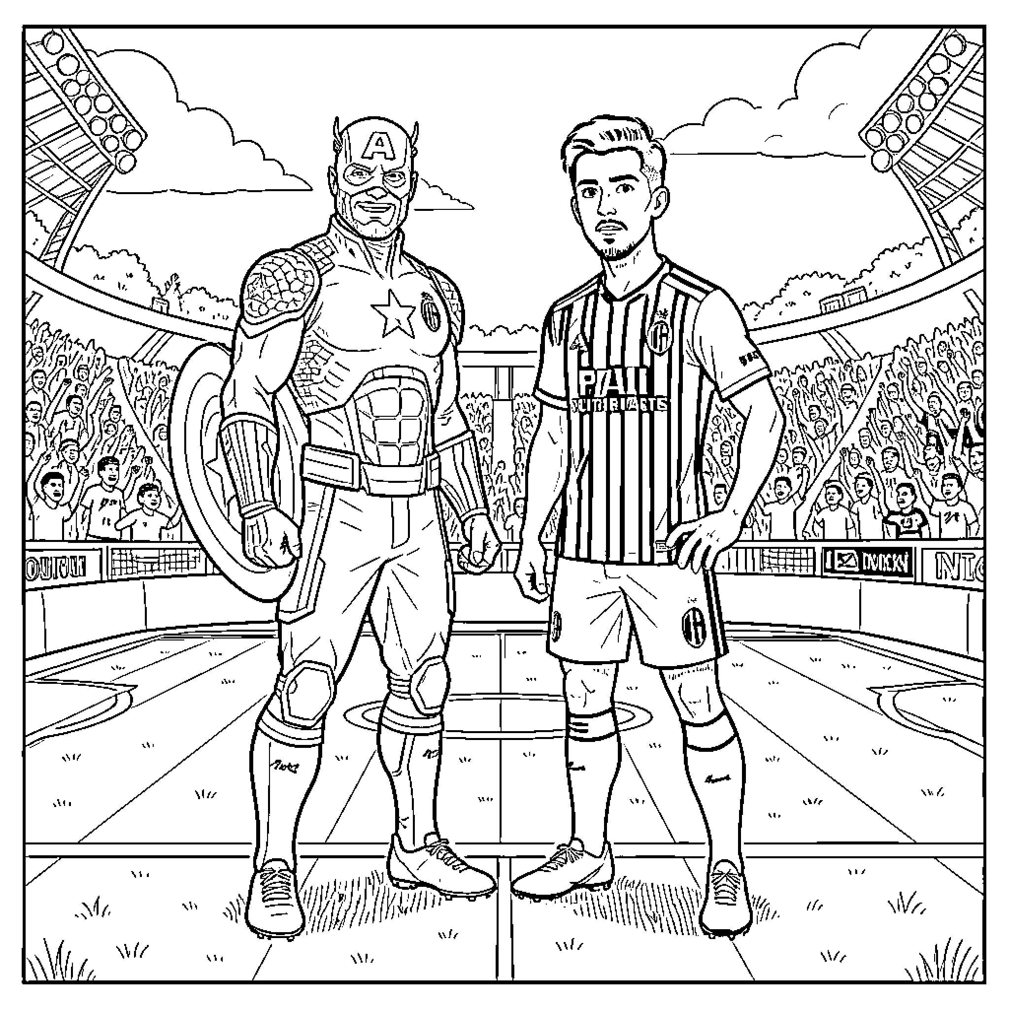 Captain America and Soccer Player in Stadium Coloring Page (free black-and-white line drawing printable PDF for all, from beginners to advanced learners, including children, teens, adults, and seniors)