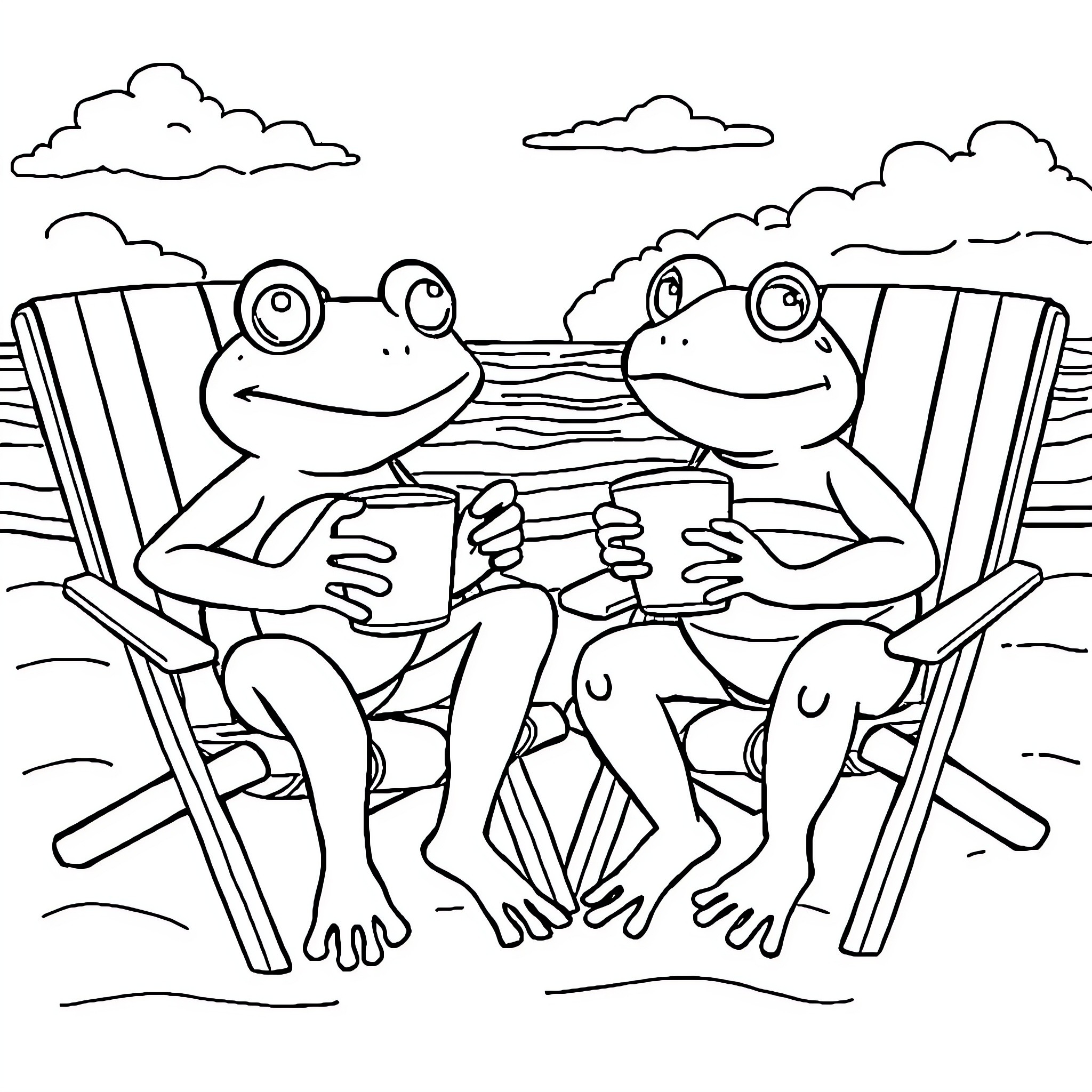 Frogs relaxing in beach chairs Coloring Page (free black-and-white line drawing printable PDF for all, from beginners to advanced learners, including children, teens, adults, and seniors)