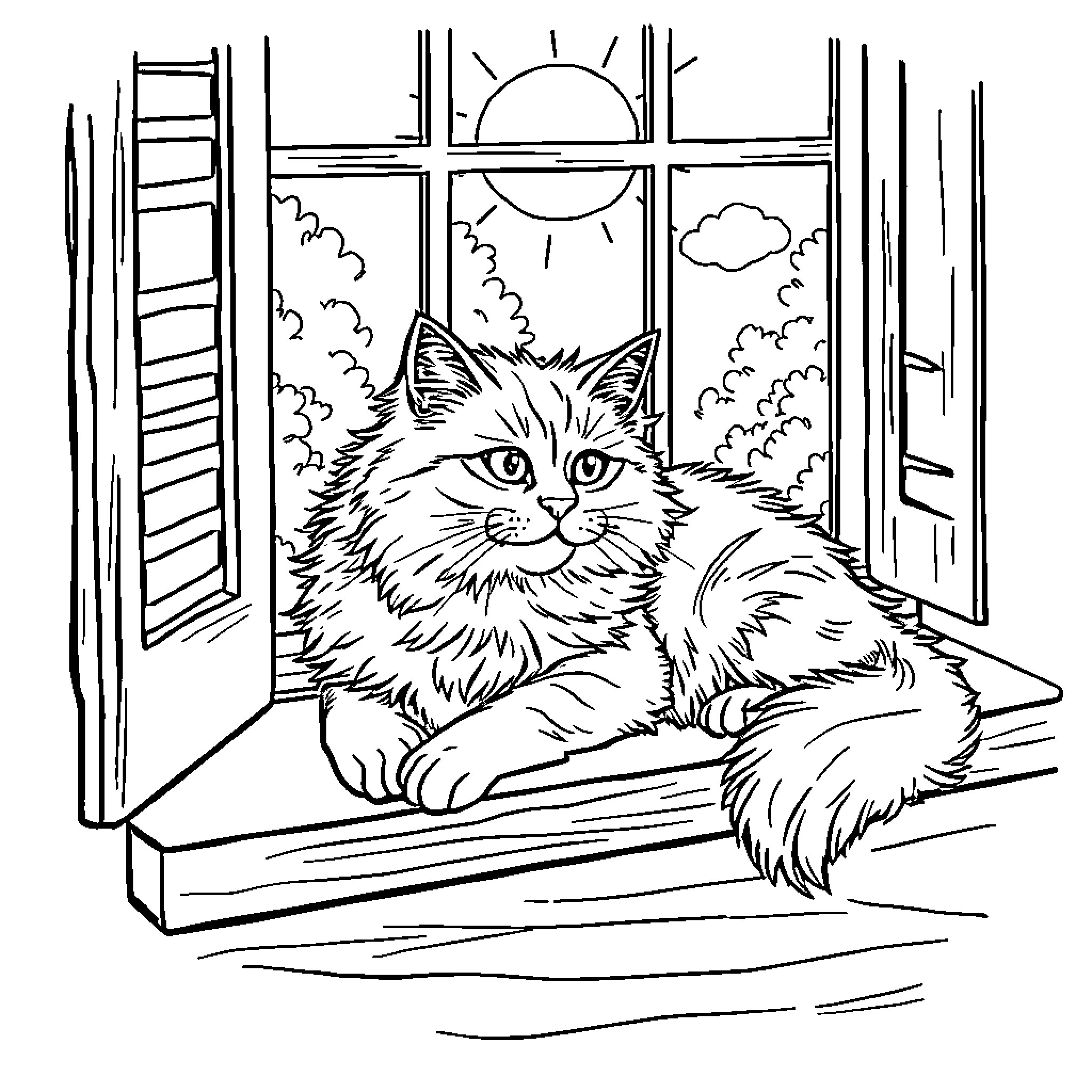 Cat Resting by the Window Coloring Page (free black-and-white line drawing printable PDF for all, from beginners to advanced learners, including children, teens, adults, and seniors)