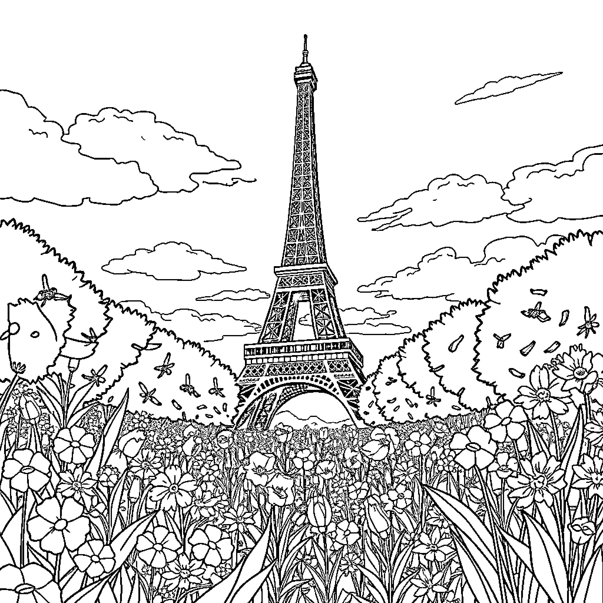 Eiffel Tower amidst a blooming garden landscape Coloring Page (free black-and-white line drawing printable PDF for all, from beginners to advanced learners, including children, teens, adults, and seniors)