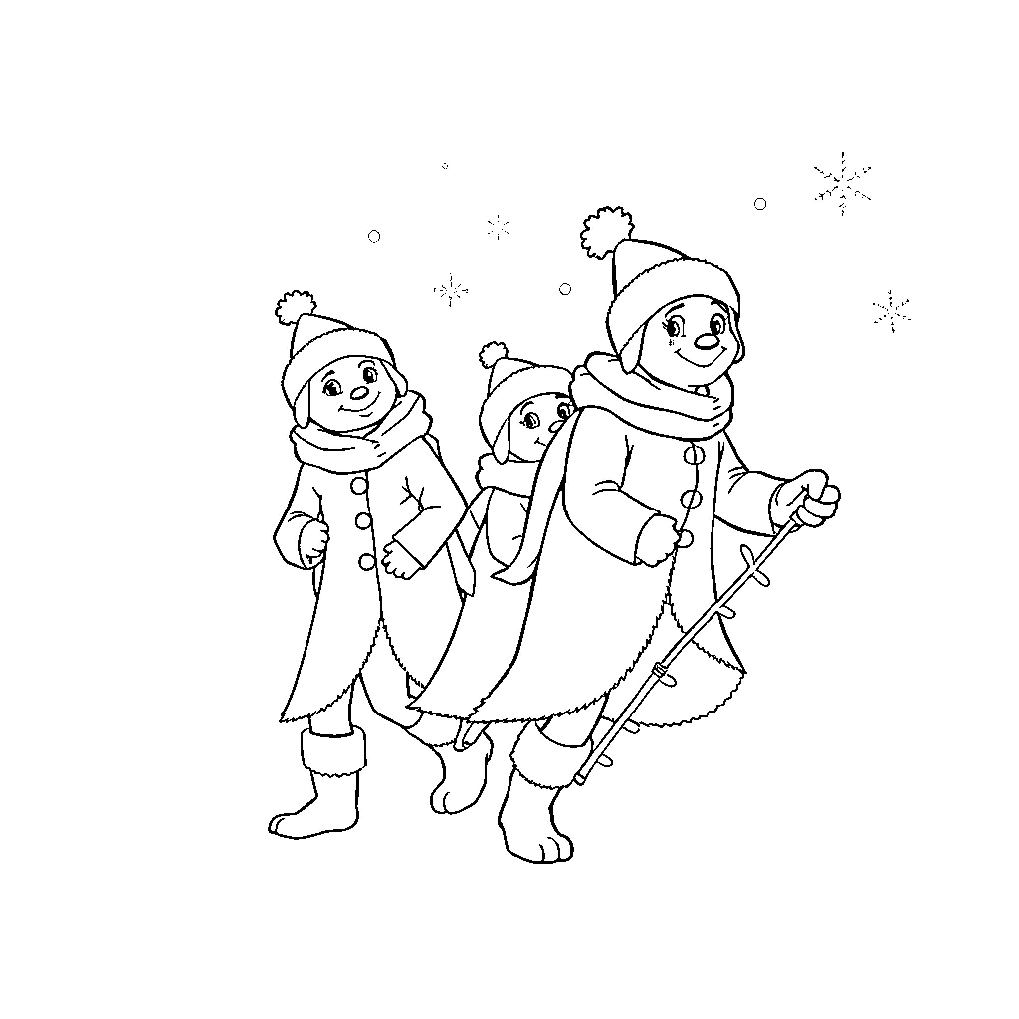 Paw Patrol characters playing in the snow Coloring Page (free black-and-white line drawing printable PDF for all, from beginners to advanced learners, including children, teens, adults, and seniors)