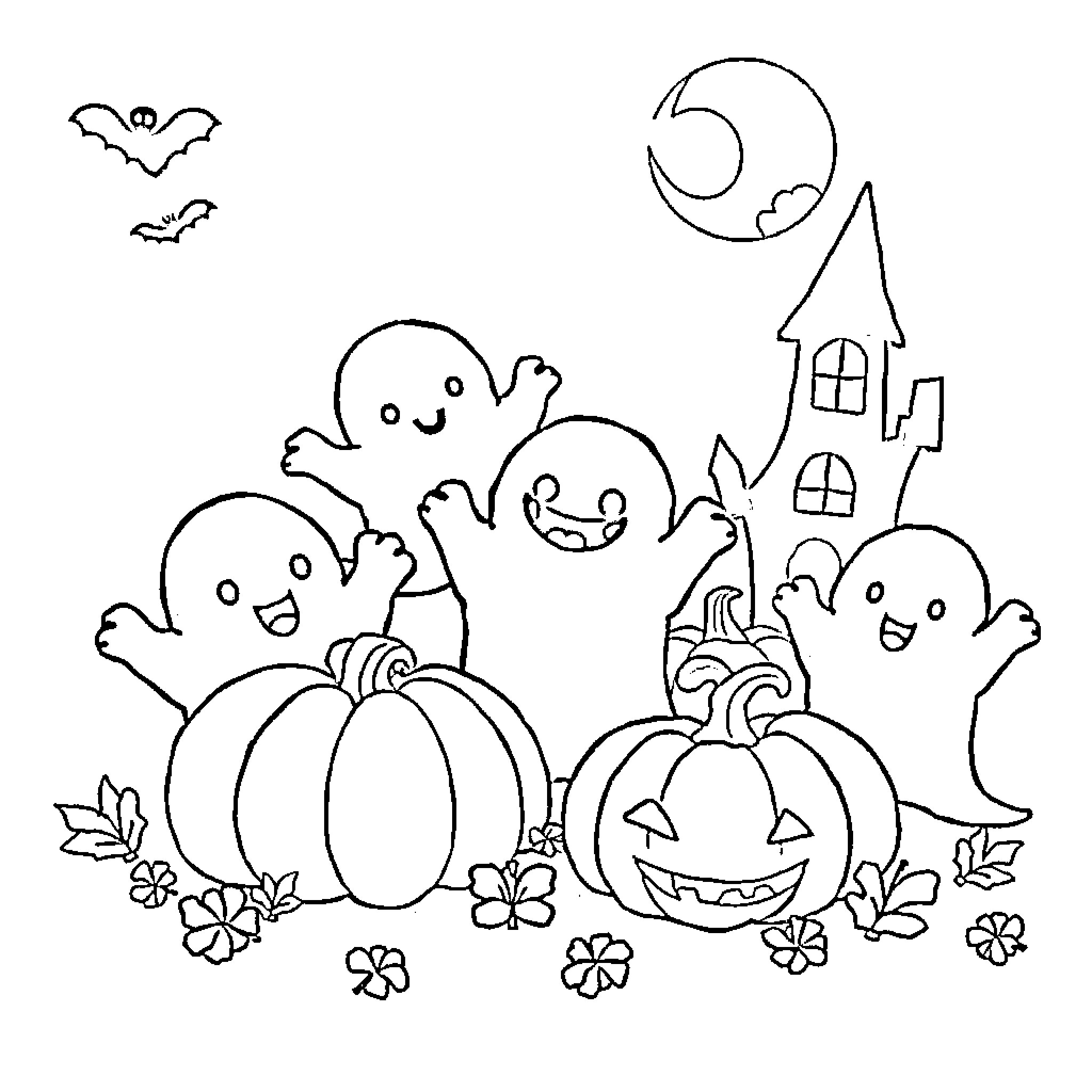 Halloween Fun with Cheerful Ghosts and Pumpkins Coloring Page (free black-and-white line drawing printable PDF for all, from beginners to advanced learners, including children, teens, adults, and seniors)