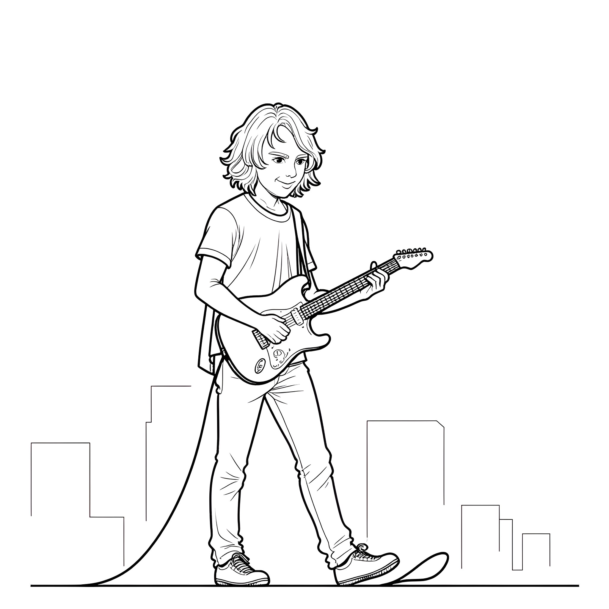 Trey Anastasio performing on stage with guitar Coloring Page (free black-and-white line drawing printable PDF for all, from beginners to advanced learners, including children, teens, adults, and seniors)