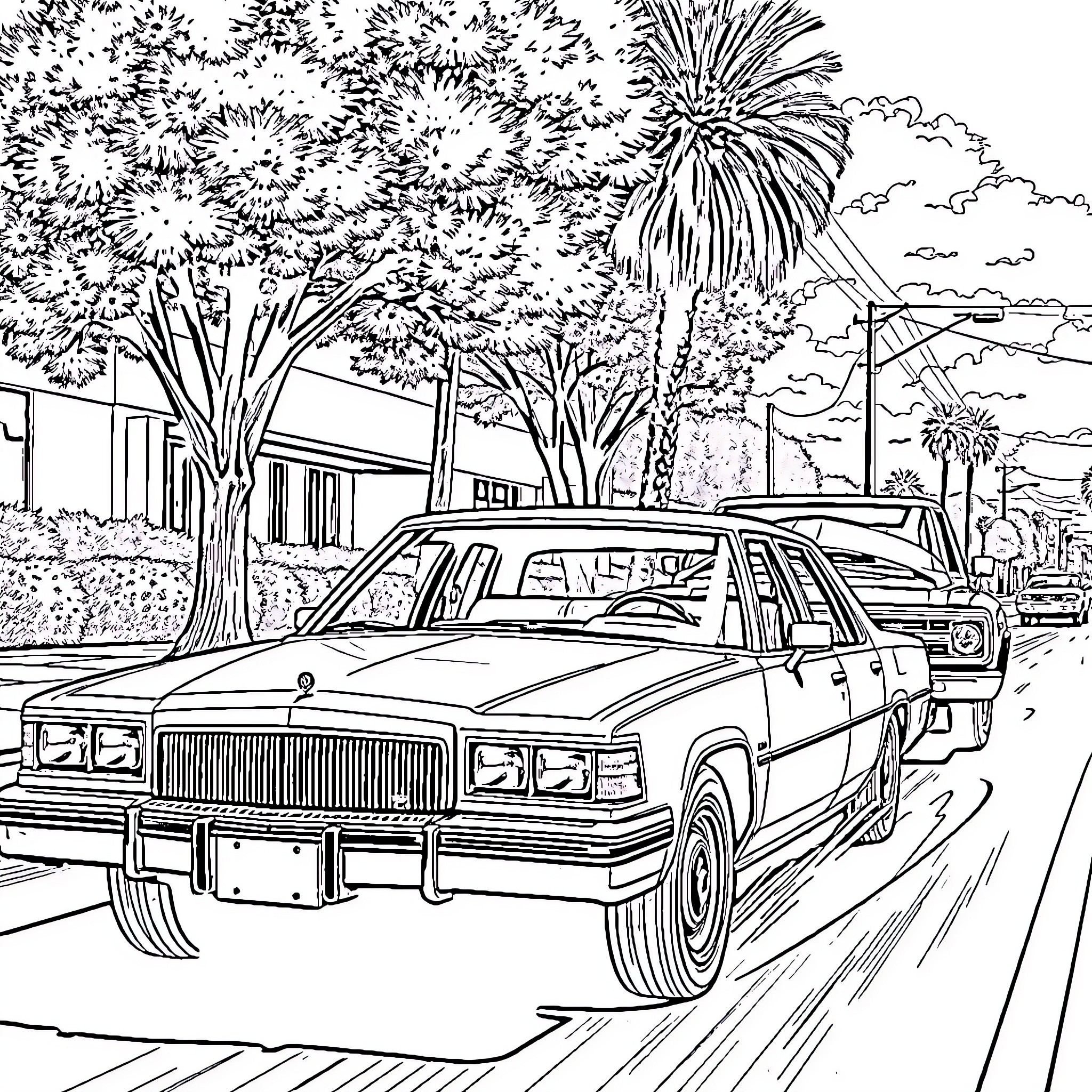 Car driving on a neighborhood street with trees Coloring Page (free black-and-white line drawing printable PDF for all, from beginners to advanced learners, including children, teens, adults, and seniors)