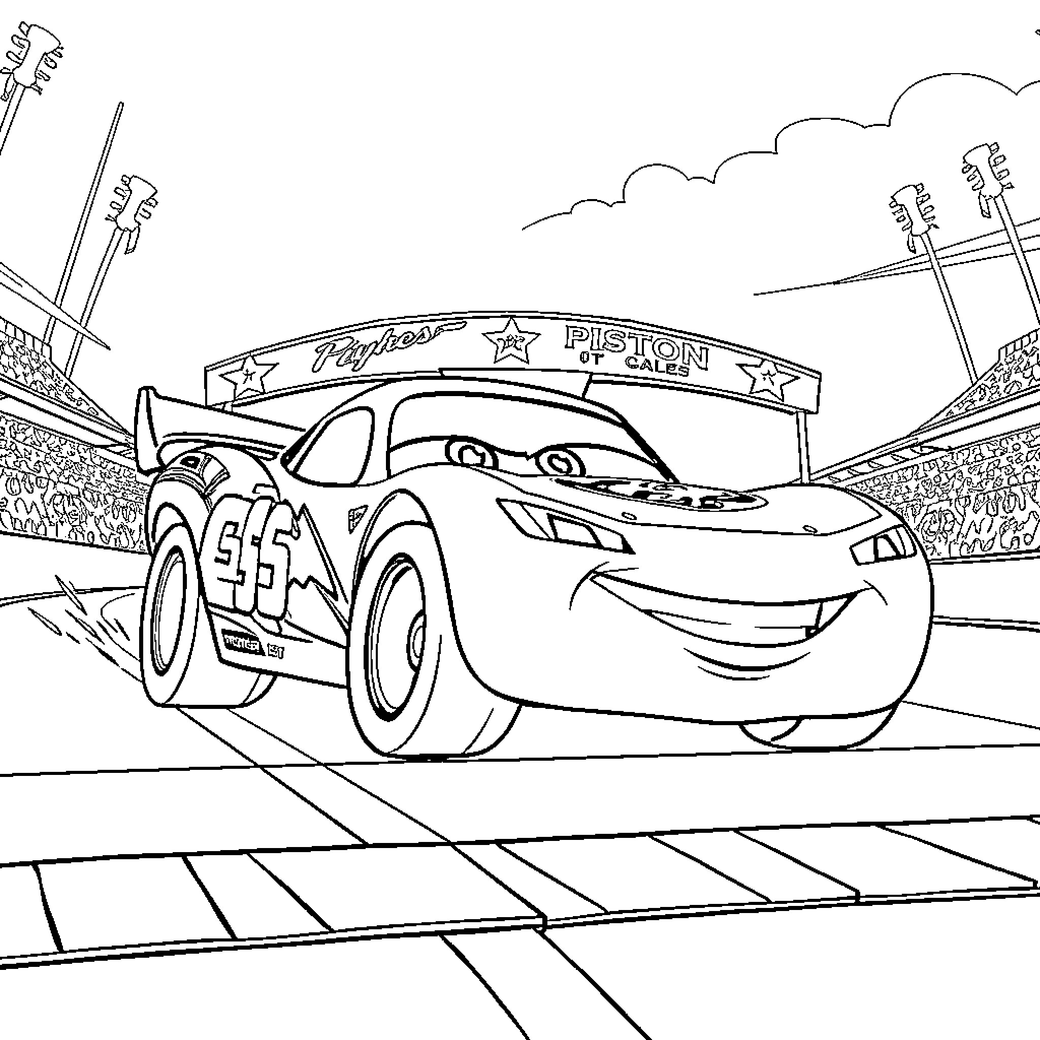Lightning McQueen racing on the track Coloring Page (free black-and-white line drawing printable PDF for all, from beginners to advanced learners, including children, teens, adults, and seniors)
