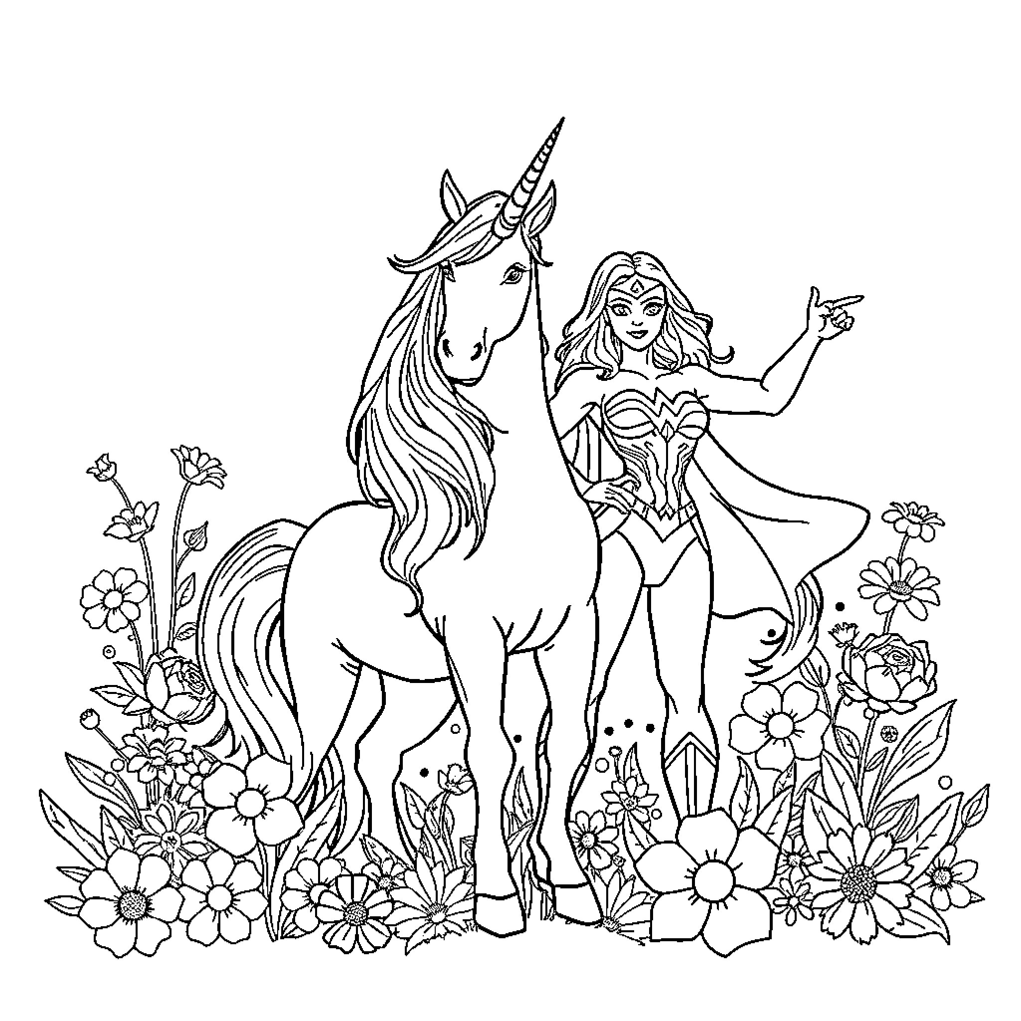 Unicorn and Wonder Woman exploring a magical garden Coloring Page (free black-and-white line drawing printable PDF for all, from beginners to advanced learners, including children, teens, adults, and seniors)