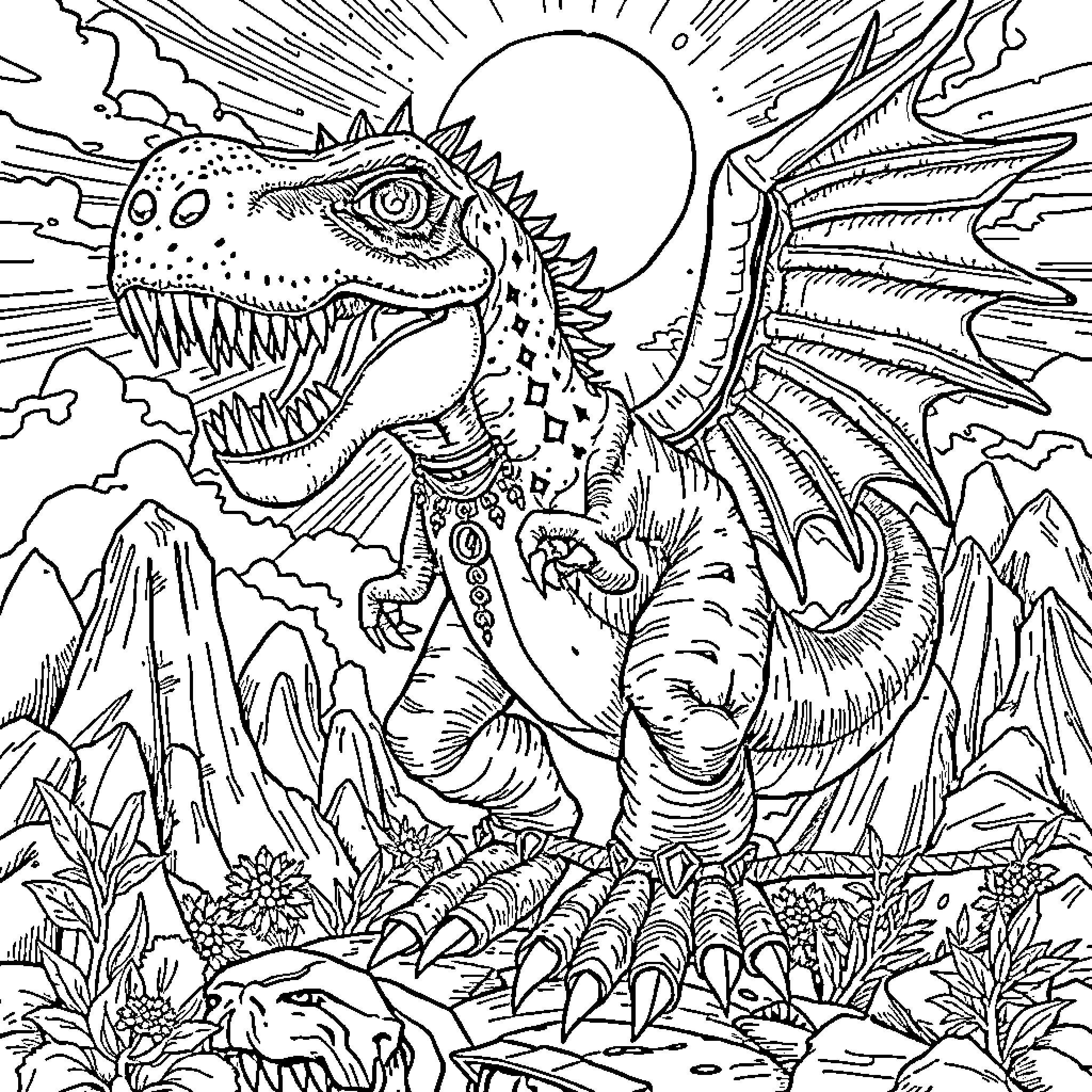 God's Powerful Dragon Soaring Over the Majestic Landscape Coloring Page (free black-and-white line drawing printable PDF for all, from beginners to advanced learners, including children, teens, adults, and seniors)