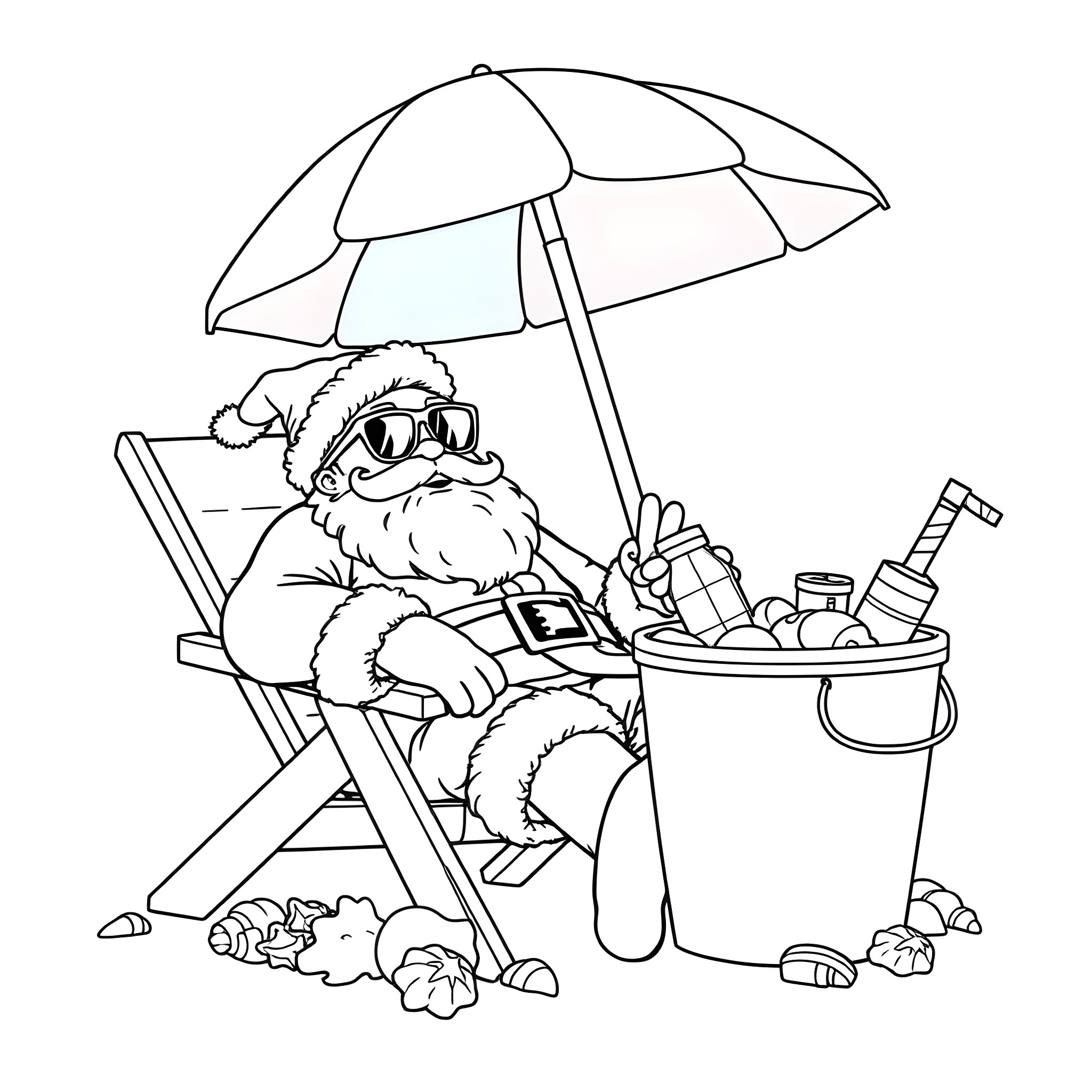 Santa relaxing on the beach with beach gear Coloring Page (free black-and-white line drawing printable PDF for all, from beginners to advanced learners, including children, teens, adults, and seniors)
