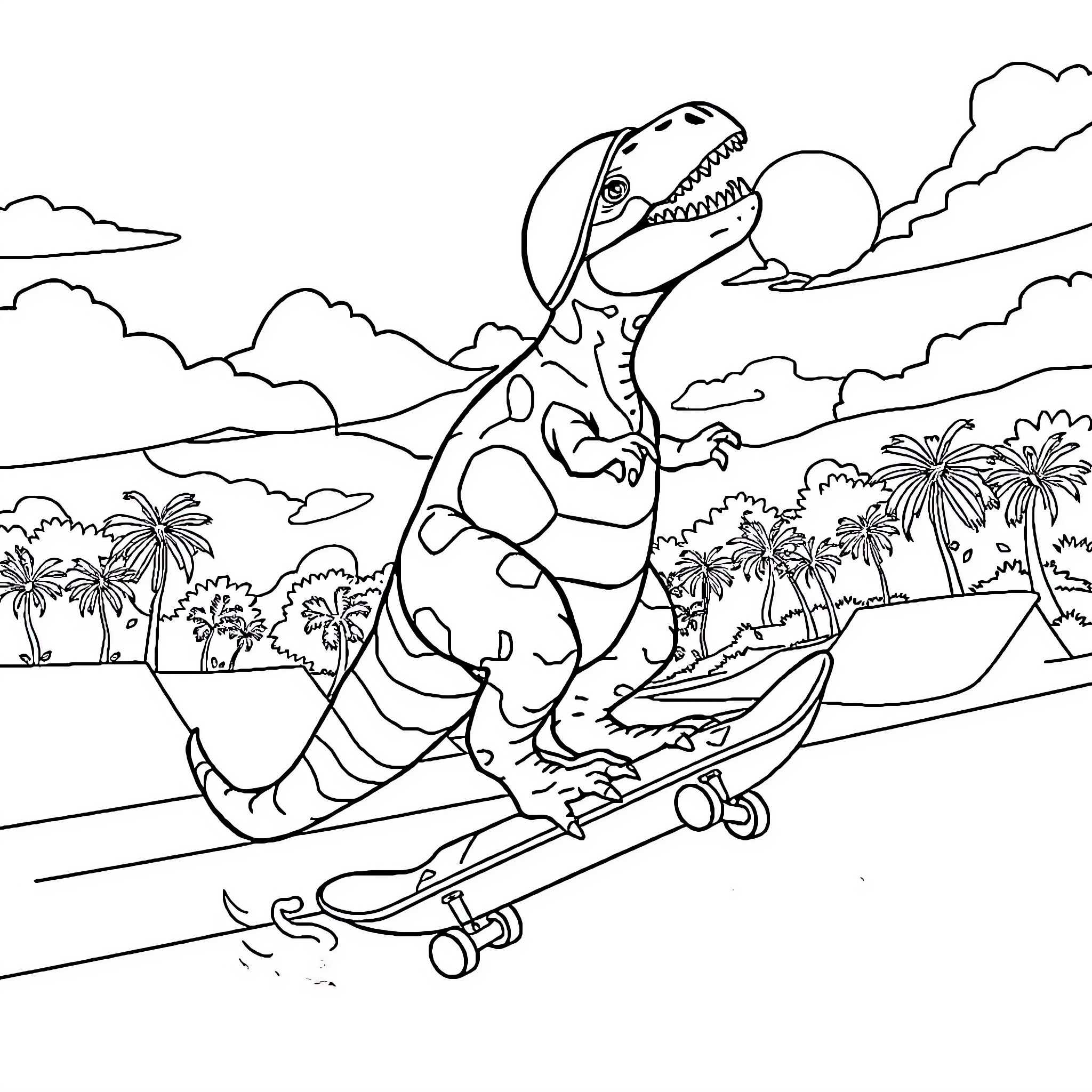 Dinosaur riding skateboard in tropical landscape Coloring Page (free black-and-white line drawing printable PDF for all, from beginners to advanced learners, including children, teens, adults, and seniors)