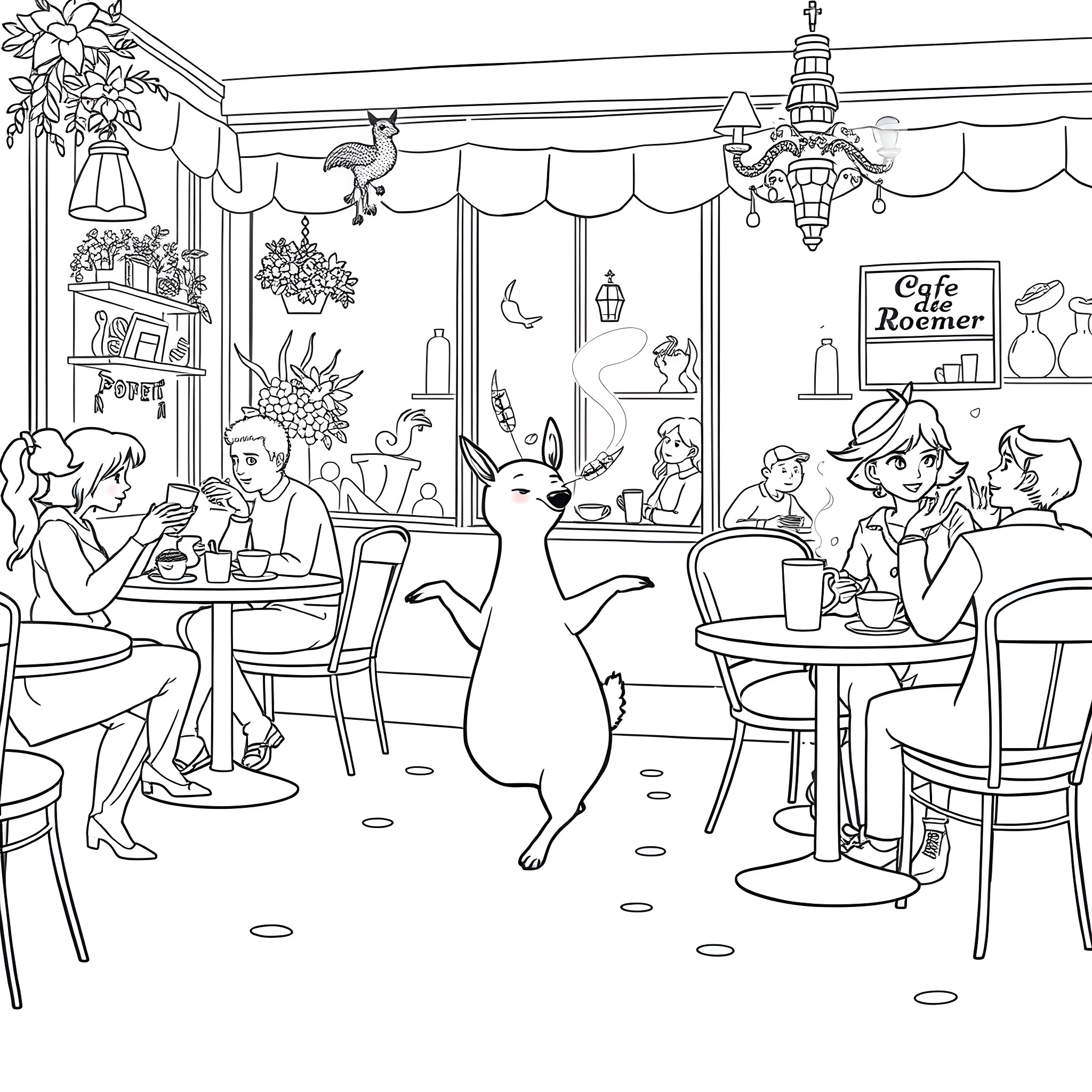 Cafe with Patrons Enjoying Drinks and Conversation Coloring Page (free black-and-white line drawing printable PDF for all, from beginners to advanced learners, including children, teens, adults, and seniors)