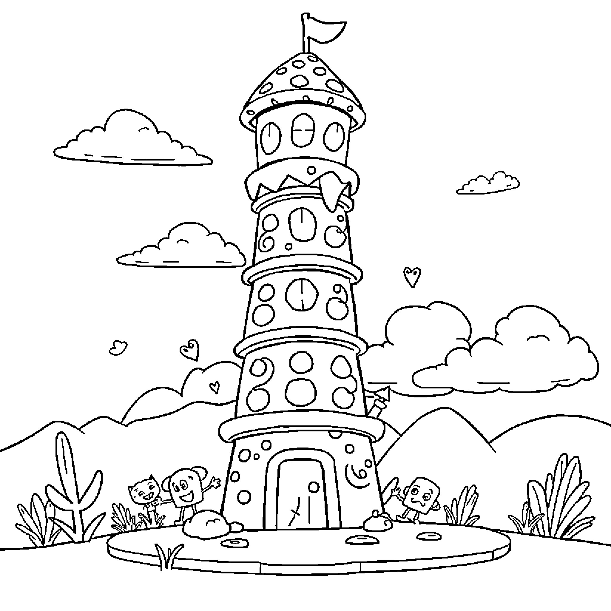 Pizza Tower with Playful Characters Coloring Page (free black-and-white line drawing printable PDF for all, from beginners to advanced learners, including children, teens, adults, and seniors)