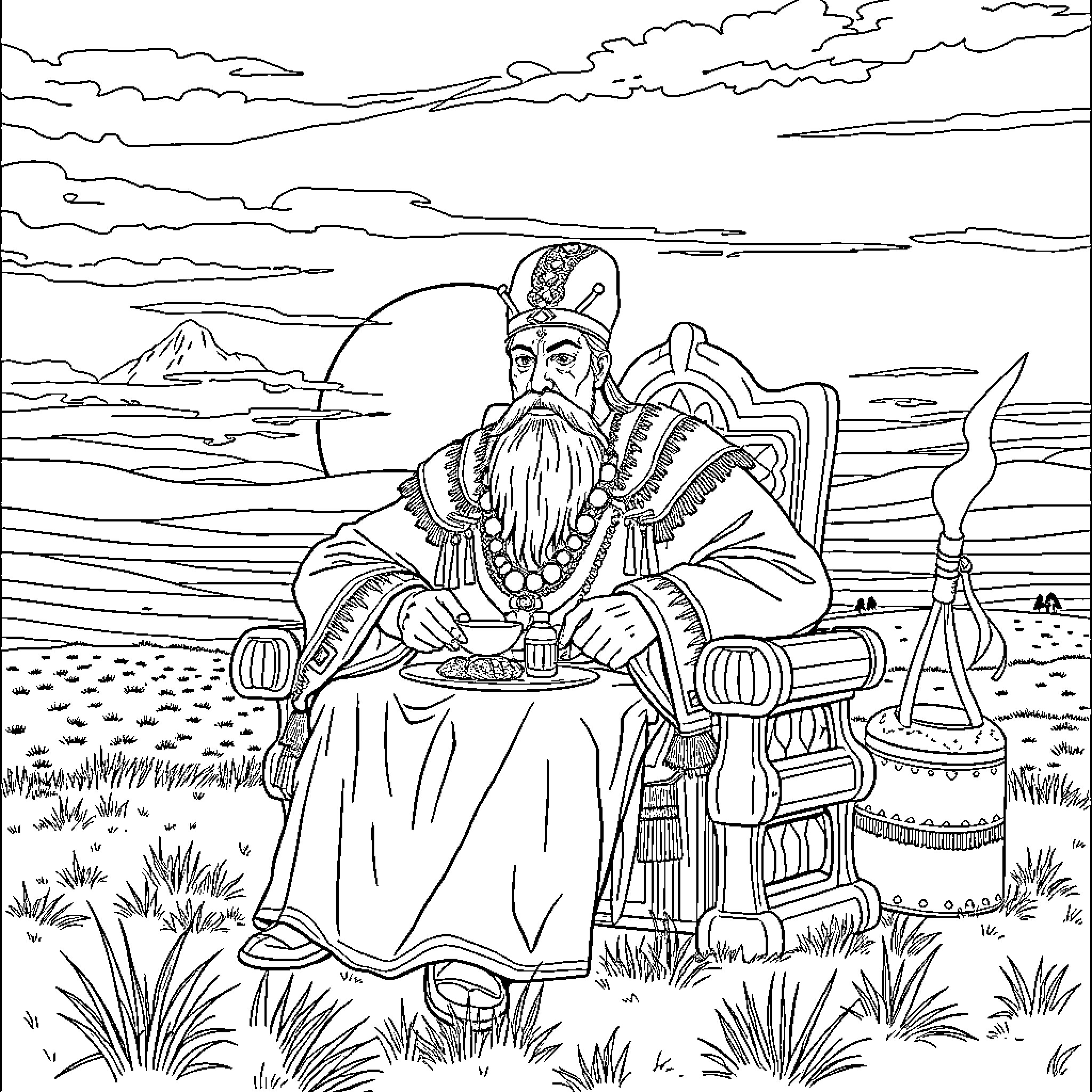 Genghis Khan contemplating in a serene landscape Coloring Page (free black-and-white line drawing printable PDF for all, from beginners to advanced learners, including children, teens, adults, and seniors)