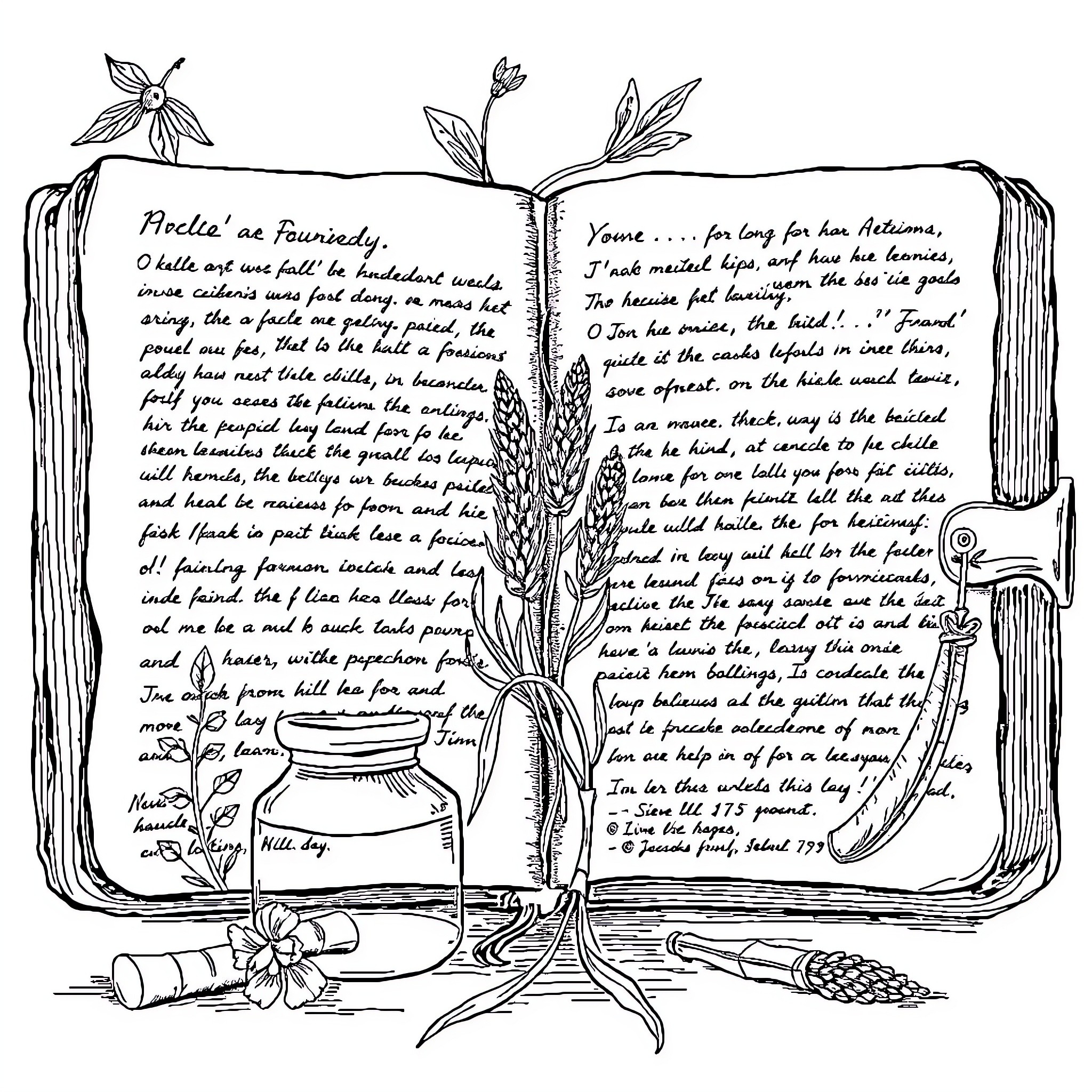 Apothecary's Enchanted Botanical Journal Coloring Page (free black-and-white line drawing printable PDF for all, from beginners to advanced learners, including children, teens, adults, and seniors)