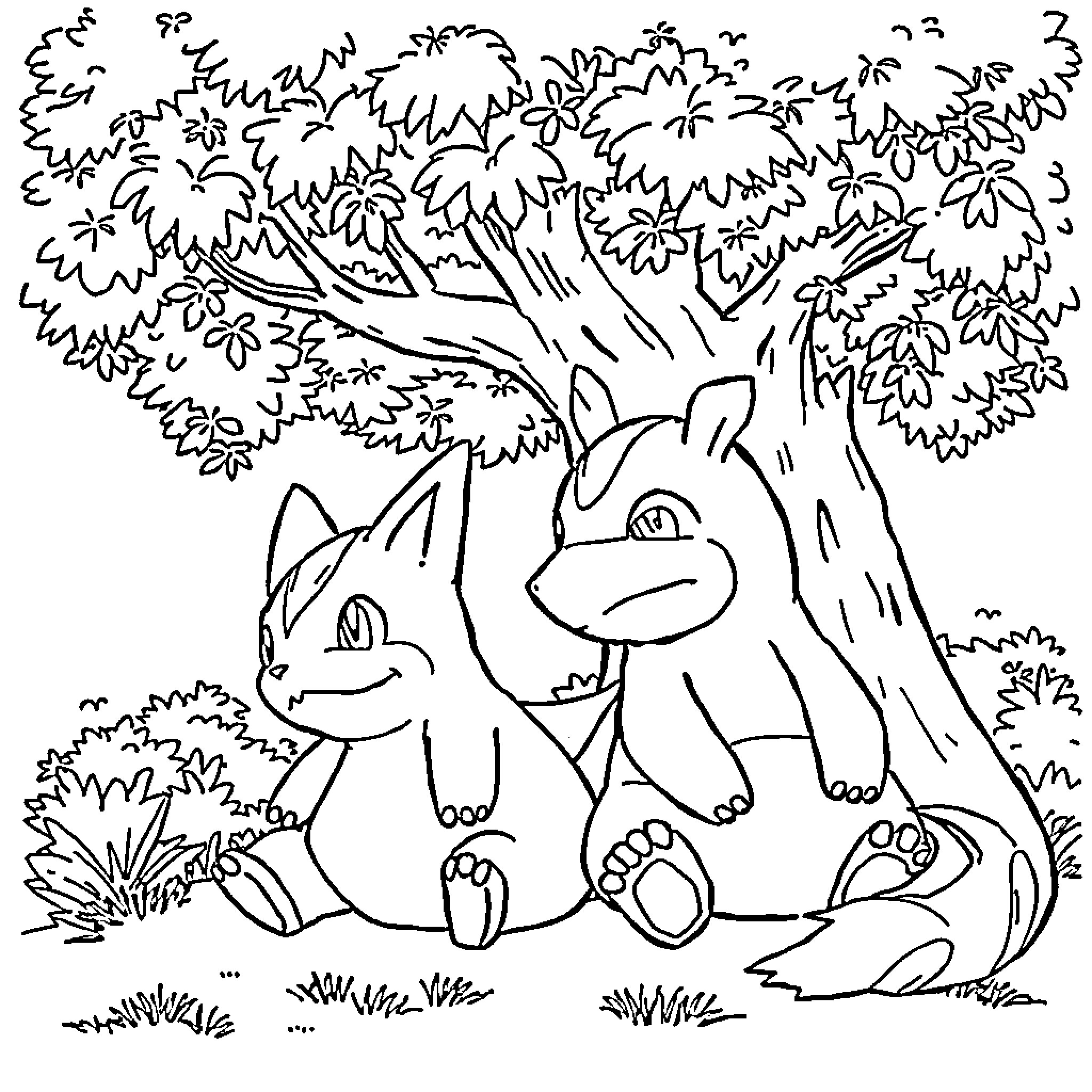 Cubone relaxing peacefully in the wilderness Coloring Page (free black-and-white line drawing printable PDF for all, from beginners to advanced learners, including children, teens, adults, and seniors)