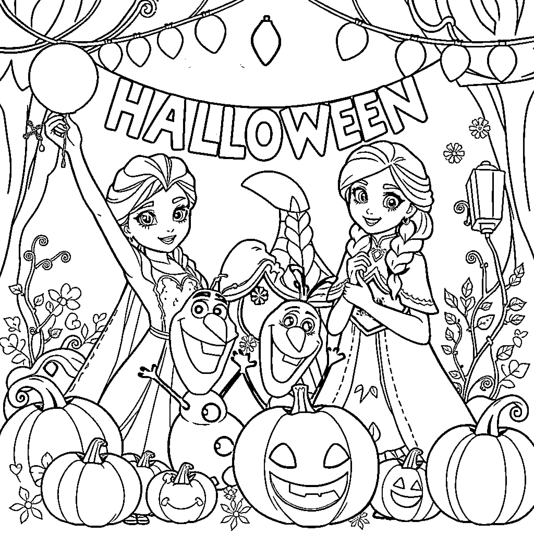 Elsa and Friends Celebrate Halloween Together Coloring Page (free black-and-white line drawing printable PDF for all, from beginners to advanced learners, including children, teens, adults, and seniors)