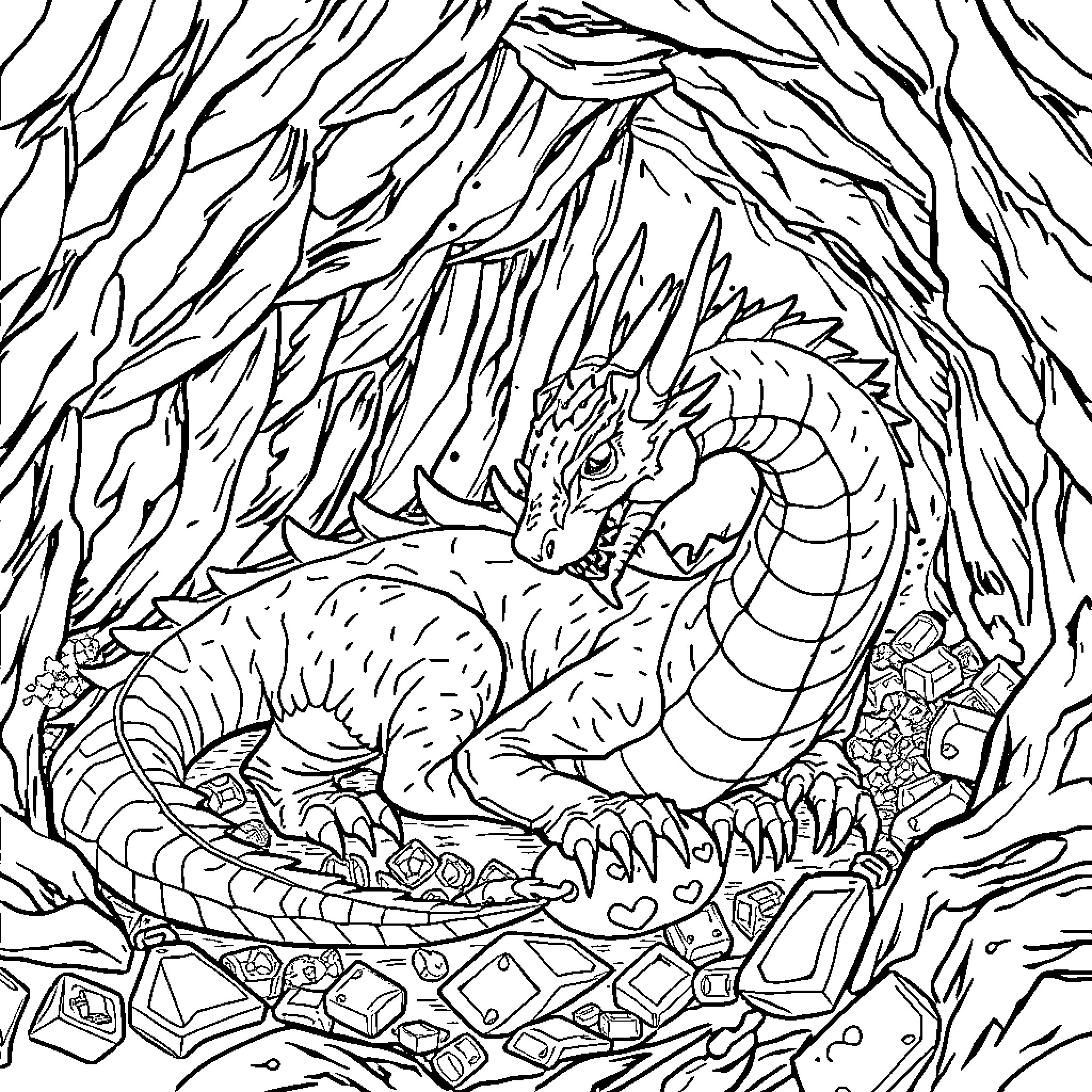 Dragon guarding its treasure hoard Coloring Page (free black-and-white line drawing printable PDF for all, from beginners to advanced learners, including children, teens, adults, and seniors)