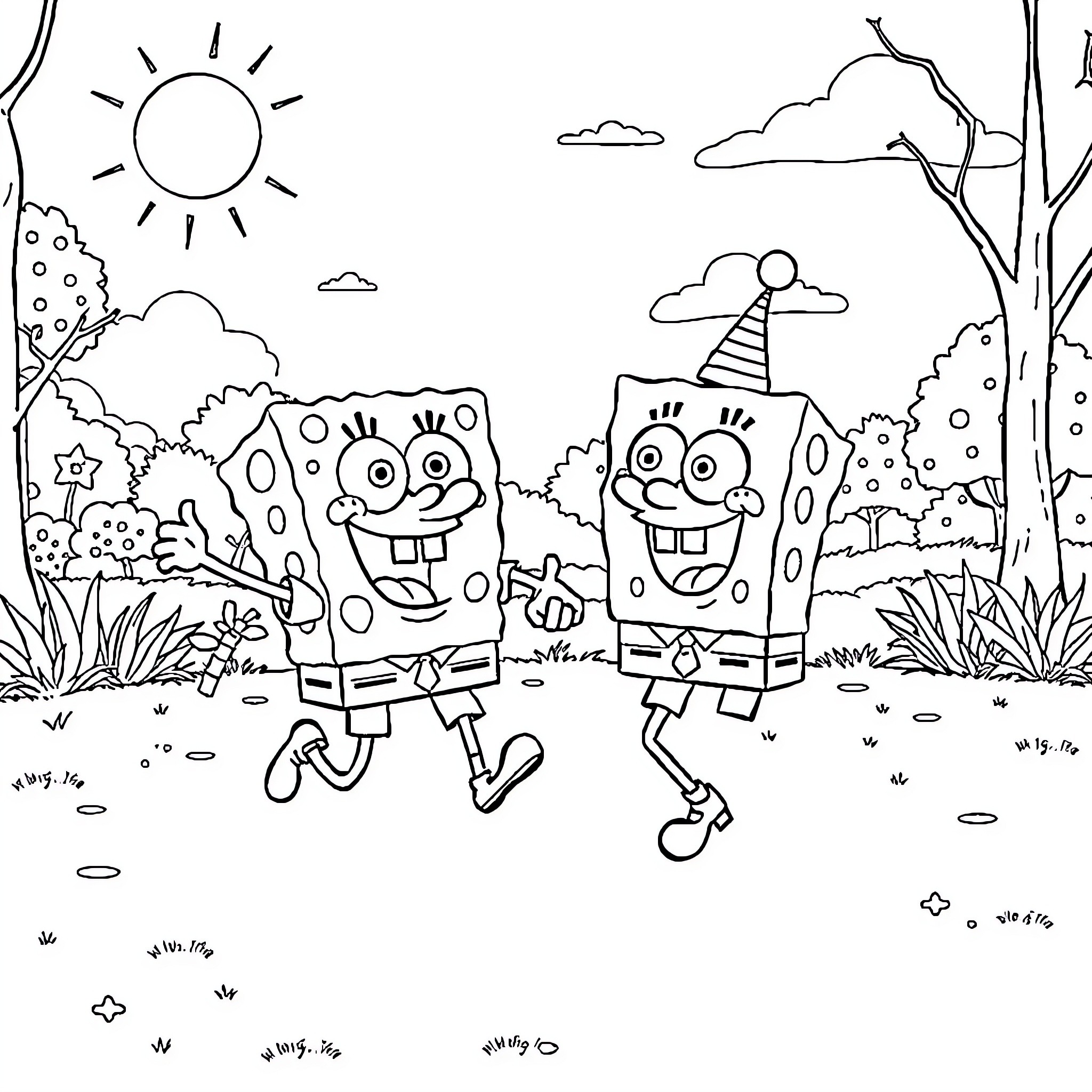 Spongebob and Patrick playing happily in the outdoors Coloring Page (free black-and-white line drawing printable PDF for all, from beginners to advanced learners, including children, teens, adults, and seniors)