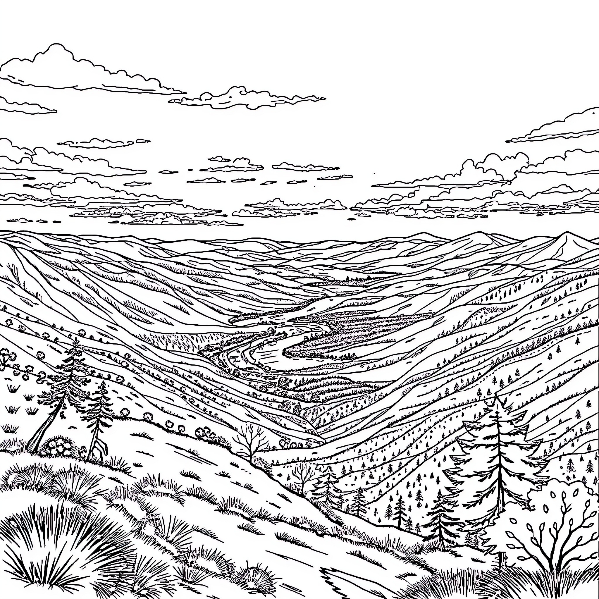 Hill with Serene Landscape and Cloudy Skies Coloring Page (free black-and-white line drawing printable PDF for all, from beginners to advanced learners, including children, teens, adults, and seniors)